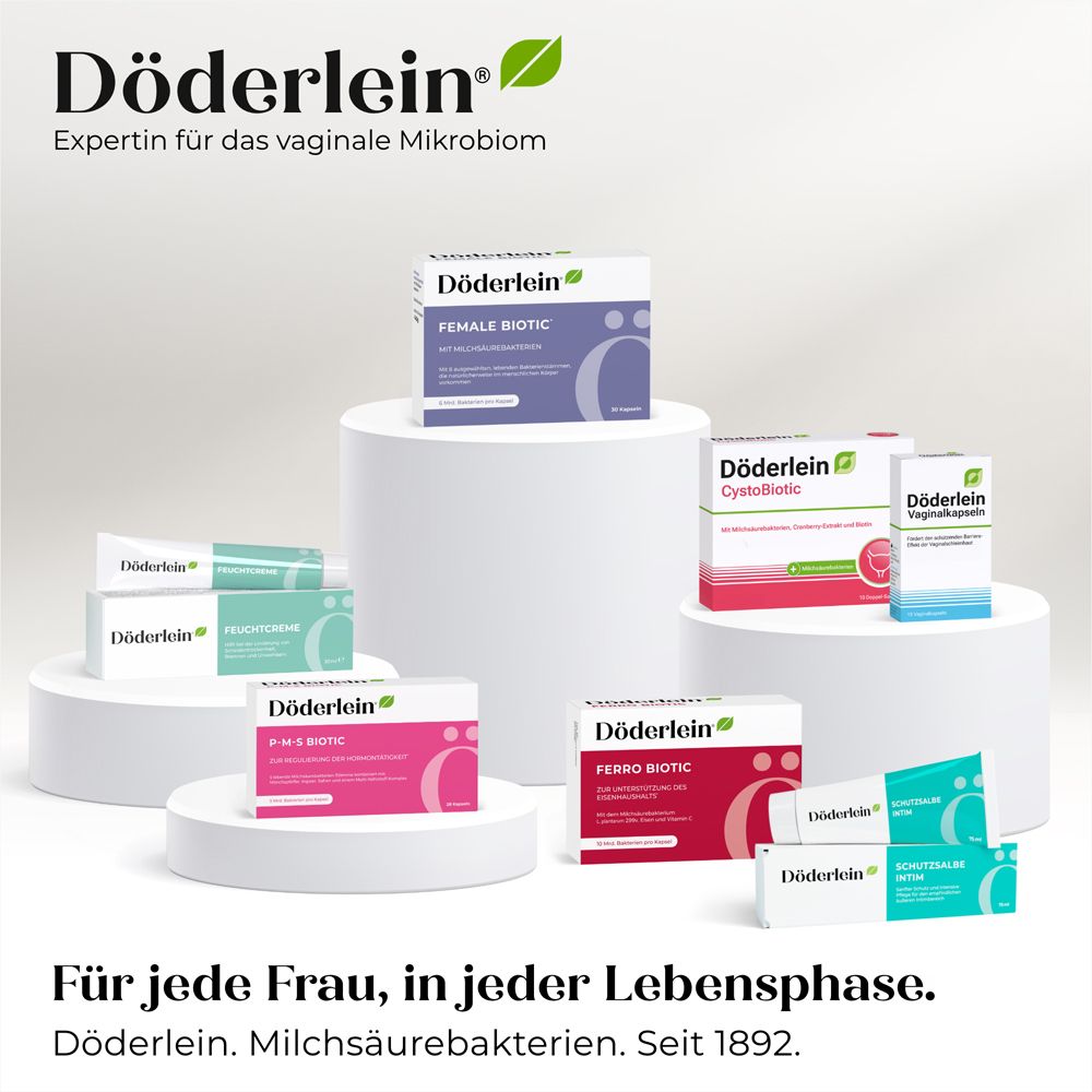 Verschiedene Döderlein Produkte. Text: Experte für das vaginale Mikrobiom. Für jede Frau, in jeder Lebensphase.