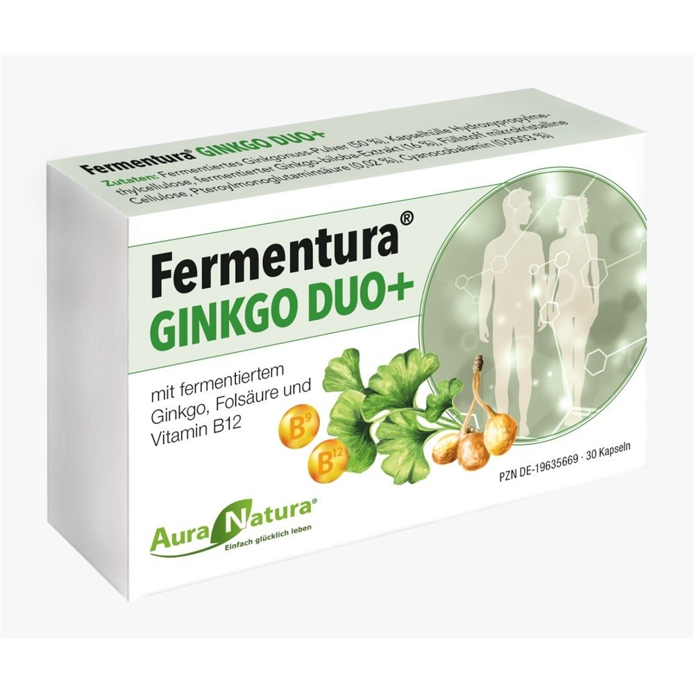 Ver verpackung von Fermentura GINKGO DUO+ Kapseln mit Ginkgoblättern und Vitamin B12-Symbolen.