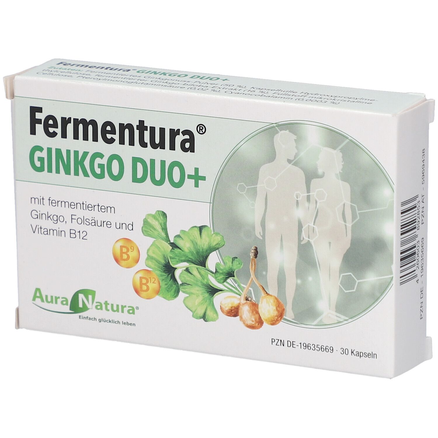 Weiße Schachtel mit Produktnamen Fermentura Ginkgo Duo+. Abbildung von Ginkgoblättern und Früchten. Enthält 30 Kapseln.