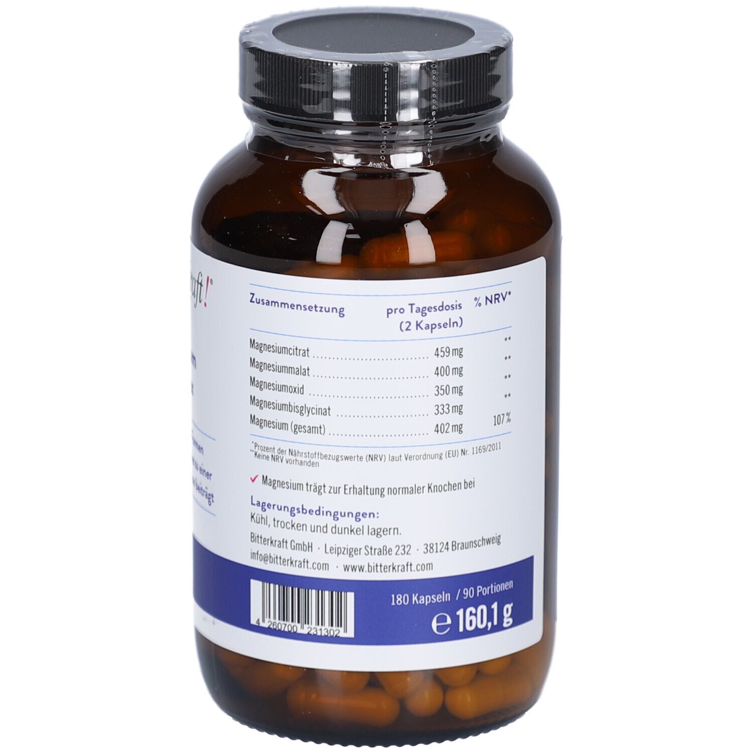 Braune Glasflasche mit Kapseln. Etikett mit Inhaltsstoffen und Nährwertangaben. 180 Kapseln, 160,1 g.