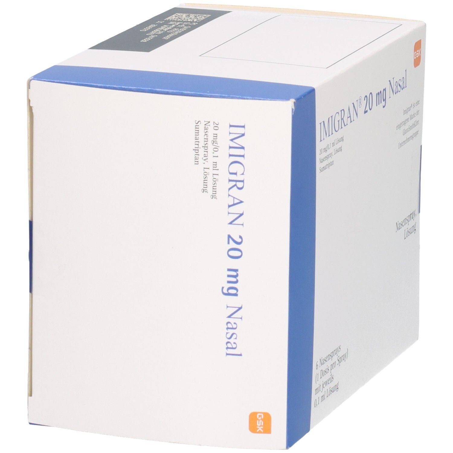 Verpackung von IMIGRAN 20 mg Nasal Nasenspray, 6 Sprays à 0,1 ml Lösung.