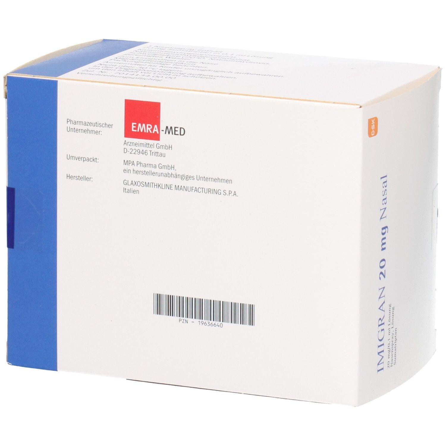 Rückseite der Verpackung von IMIGRAN 20 mg Nasal Nasenspray mit Herstellerinformationen.