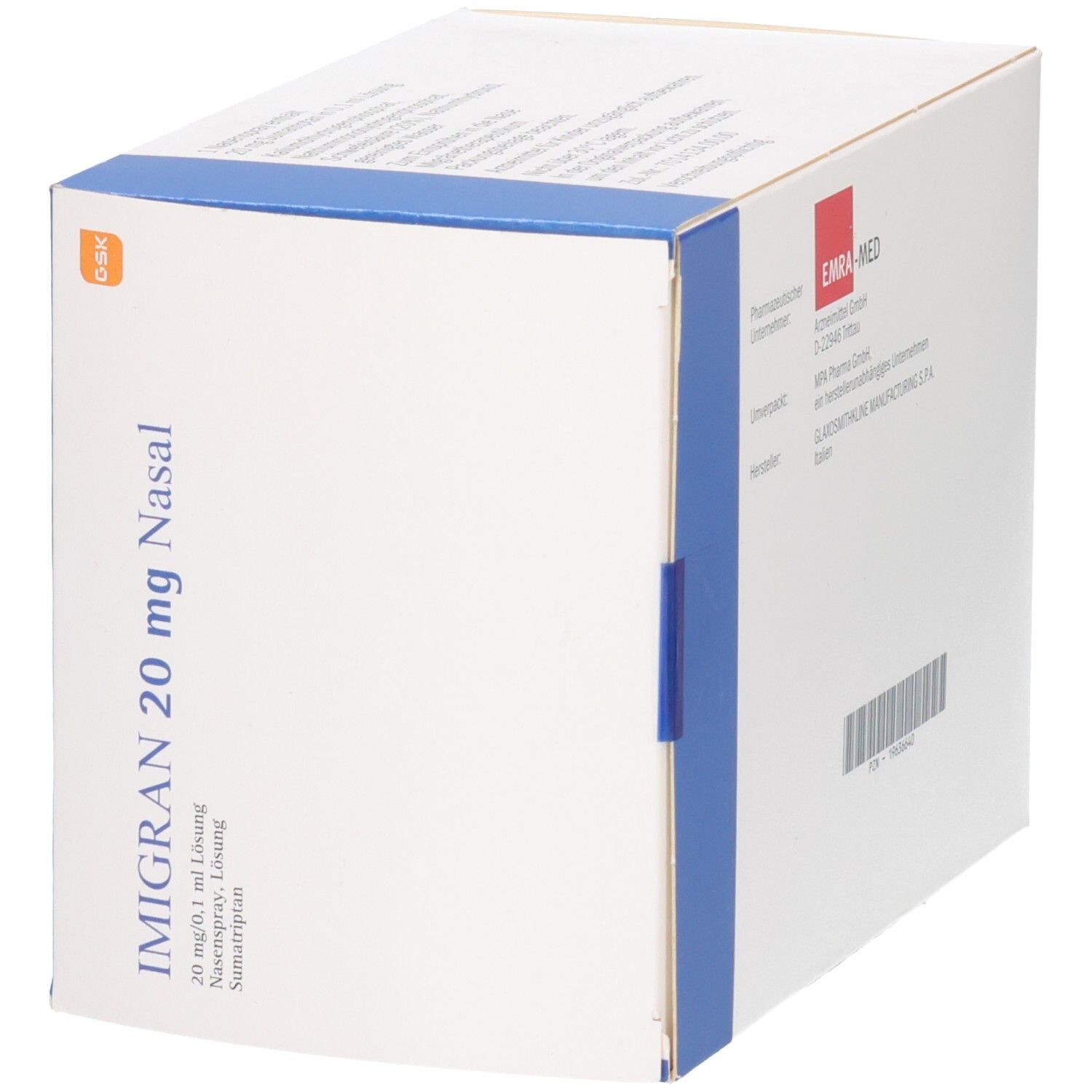 Verpackung von IMIGRAN 20 mg Nasal Nasenspray, 6 Sprays à 0,1 ml Lösung.