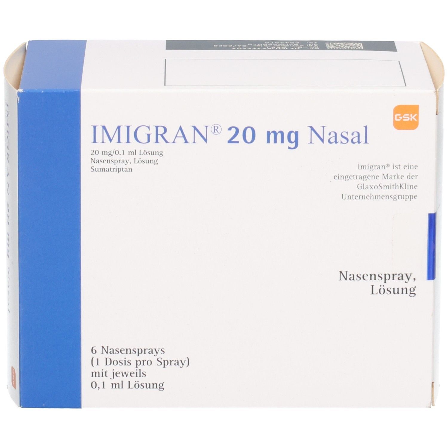 Verpackung von IMIGRAN 20 mg Nasal Nasenspray, 6 Sprays à 0,1 ml Lösung.