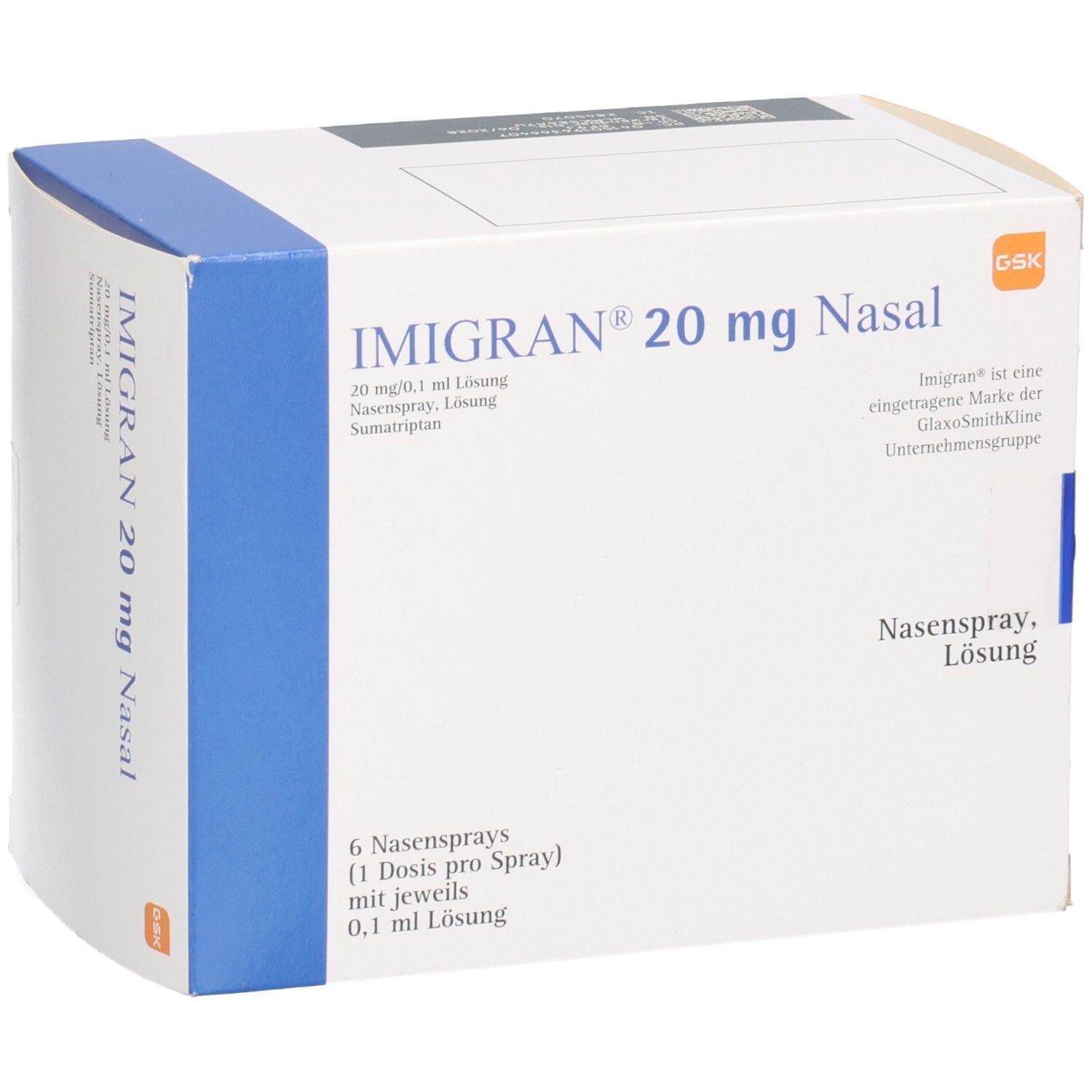 Verpackung von IMIGRAN 20 mg Nasal Nasenspray, 6 Sprays à 0,1 ml Lösung.