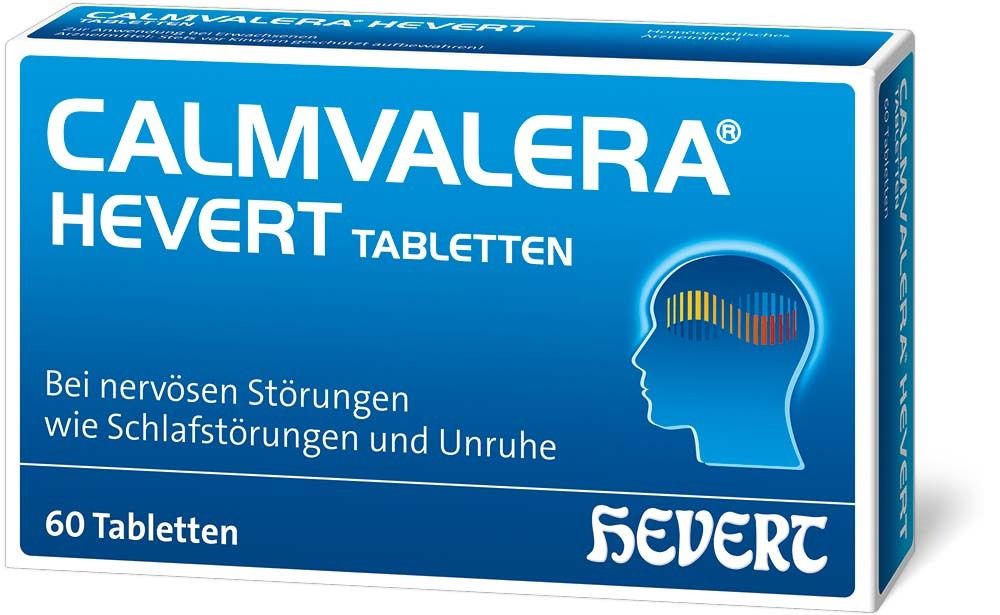 Blau-weiße Schachtel mit Calmvalera Tabletten. Text: Bei nervösen Störungen wie Schlafstörungen und Unruhe. 60 Tabletten.