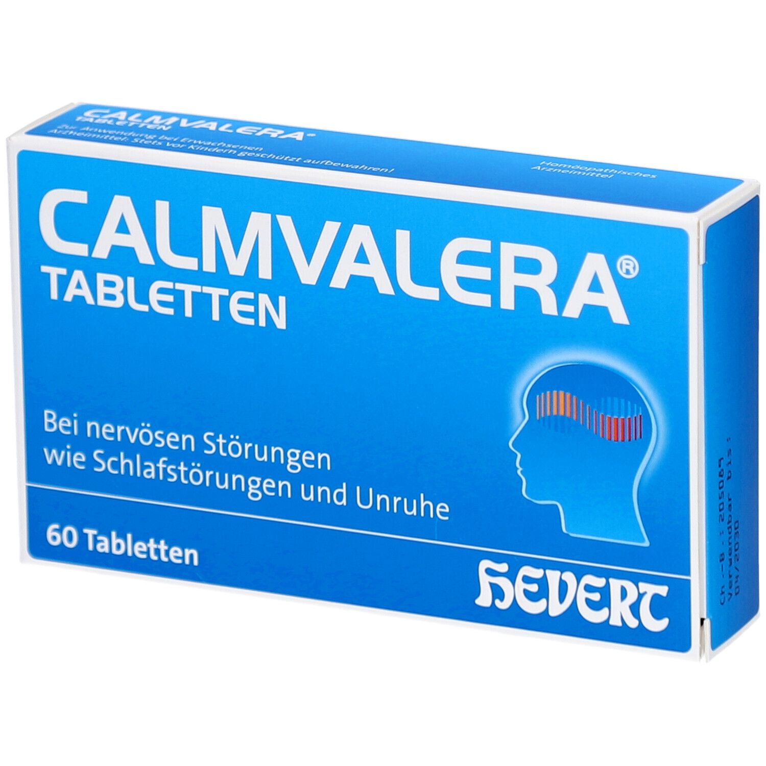 Blau-weiße Schachtel mit CALMVALERA Tabletten. Aufschrift: Bei nervösen Störungen. 60 Tabletten. Logo: Kopf mit farbigen Linien.