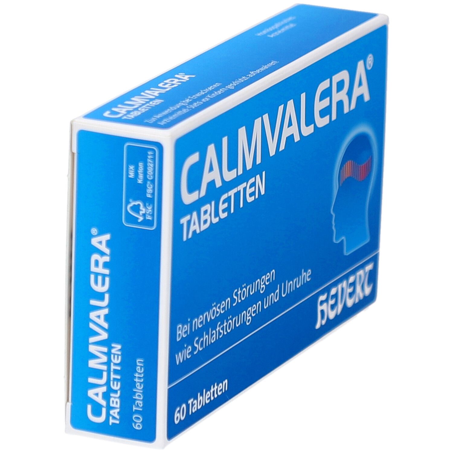 Blau-weiße Schachtel CALMVALERA Tabletten. Aufschrift: 60 Tabletten. Logo: Kopf mit farbigen Linien. FSC-Zertifizierung.
