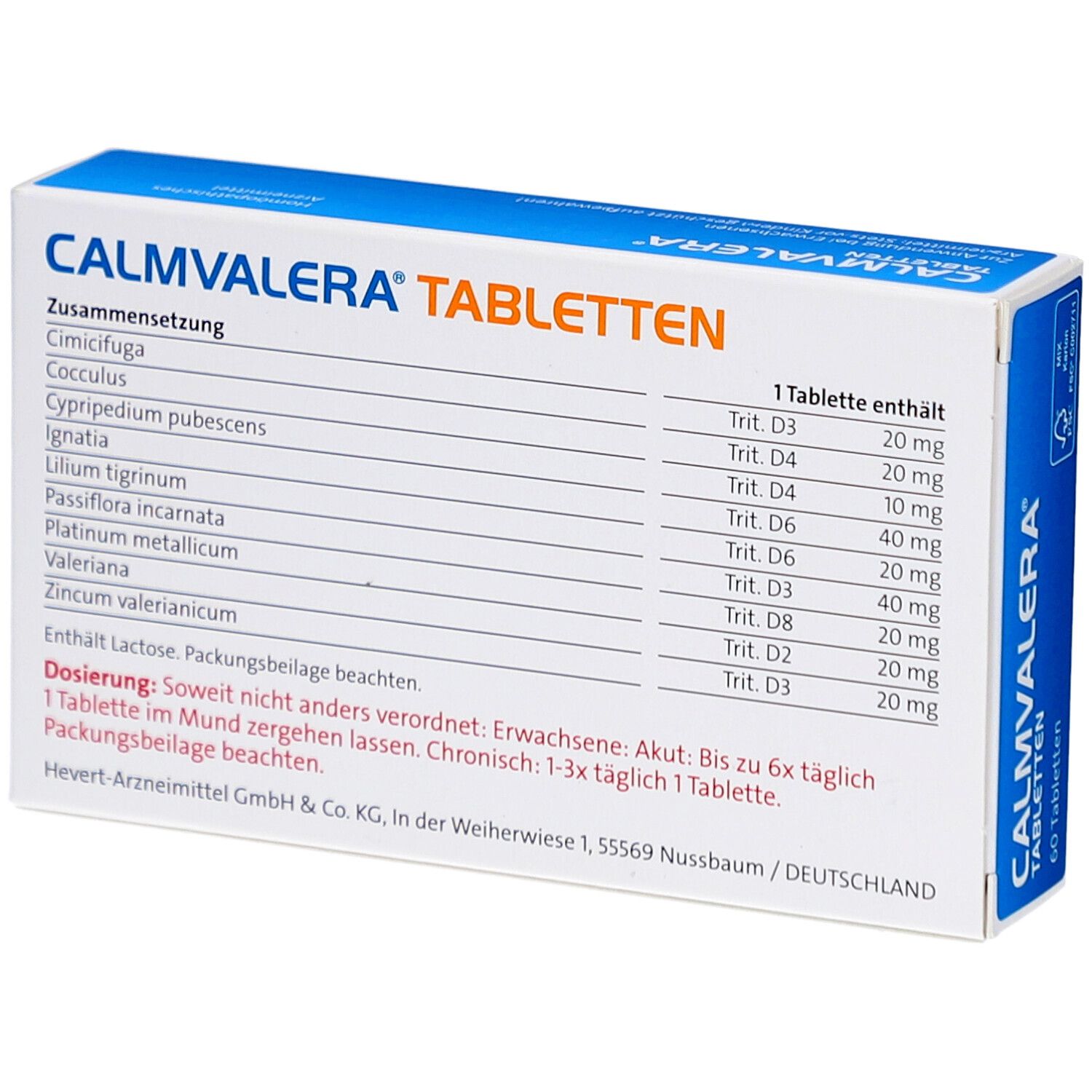 Rückseite der CALMVALERA Tabletten-Schachtel. Auflistung der Inhaltsstoffe und Dosierung. Herstellerinformationen.