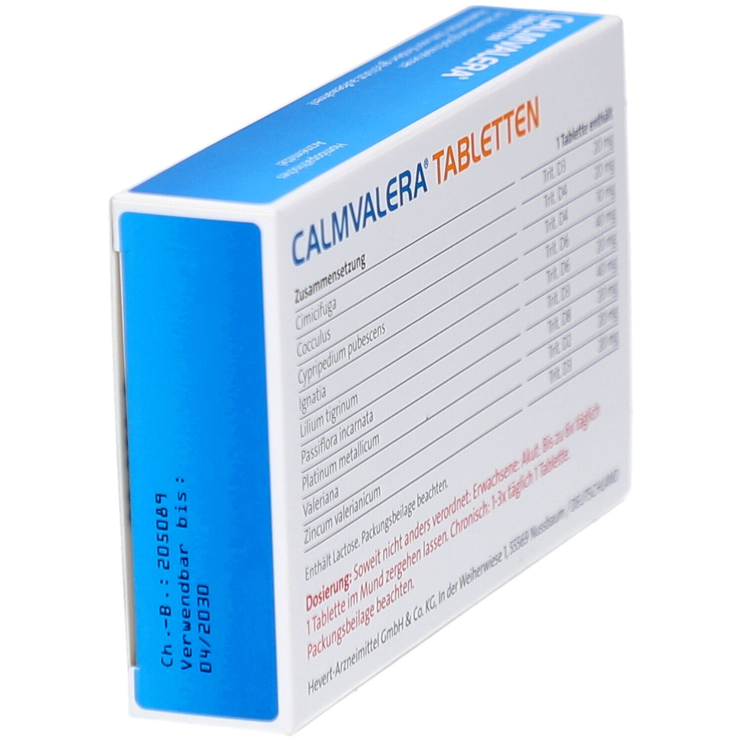 Seitenansicht der CALMVALERA Tabletten-Schachtel. Auflistung der Inhaltsstoffe. Mindesthaltbarkeitsdatum.