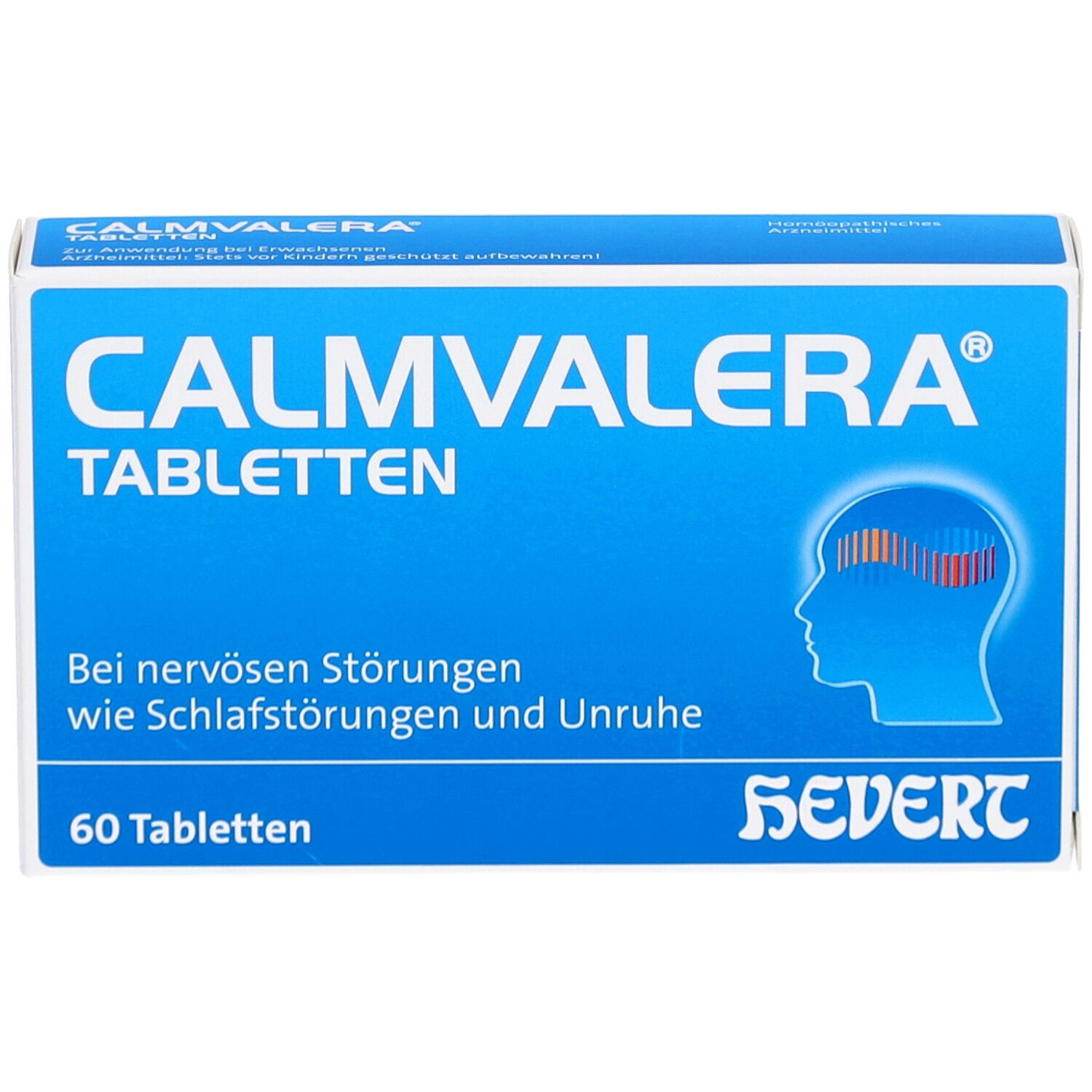 Blau-weiße Schachtel CALMVALERA Tabletten. Aufschrift: Bei nervösen Störungen. 60 Tabletten. Logo: Kopf mit farbigen Linien.