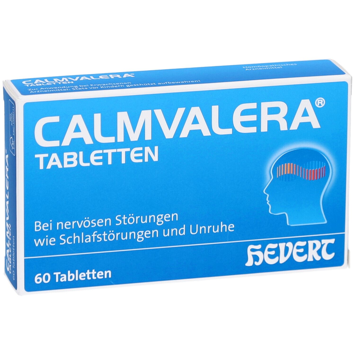 Blau-weiße Schachtel CALMVALERA Tabletten. Aufschrift: Bei nervösen Störungen. 60 Tabletten. Logo: Kopf mit farbigen Linien.