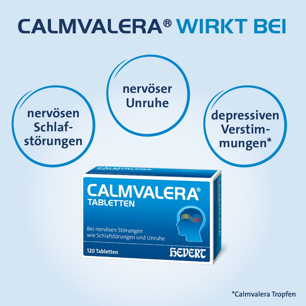 Blau-weiße Schachtel Calmvalera Tabletten. Text: Wirkt bei nervöser Unruhe, Schlafstörungen und depressiven Verstimmungen. 120 Tabletten.