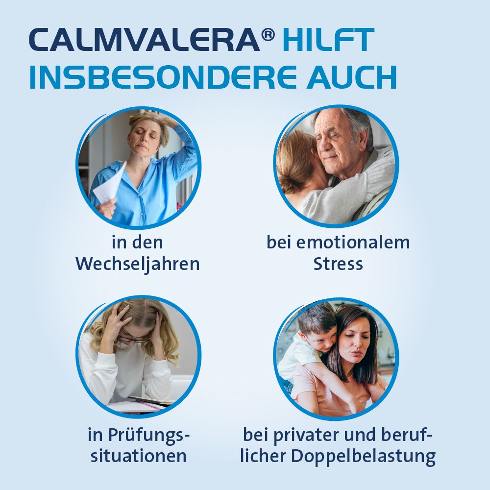 Grafik mit Personen in verschiedenen Stresssituationen. Text: Hilft bei Wechseljahren, emotionalem Stress, Prüfungssituationen, Doppelbelastung.