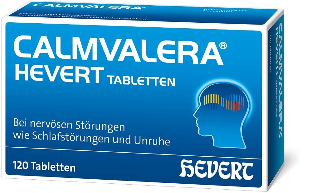 Blau-weiße Schachtel mit CALMVALERA Tabletten. Text: Bei nervösen Störungen wie Schlafstörungen und Unruhe. 120 Tabletten.