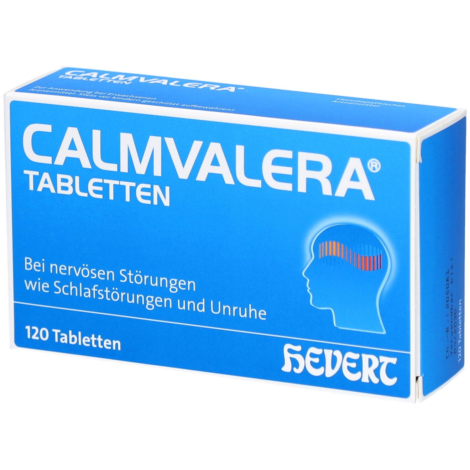 Blau-weiße Schachtel mit CALMVALERA Tabletten. Aufschrift: Bei nervösen Störungen, wie Schlafstörungen und Unruhe. 120 Tabletten.