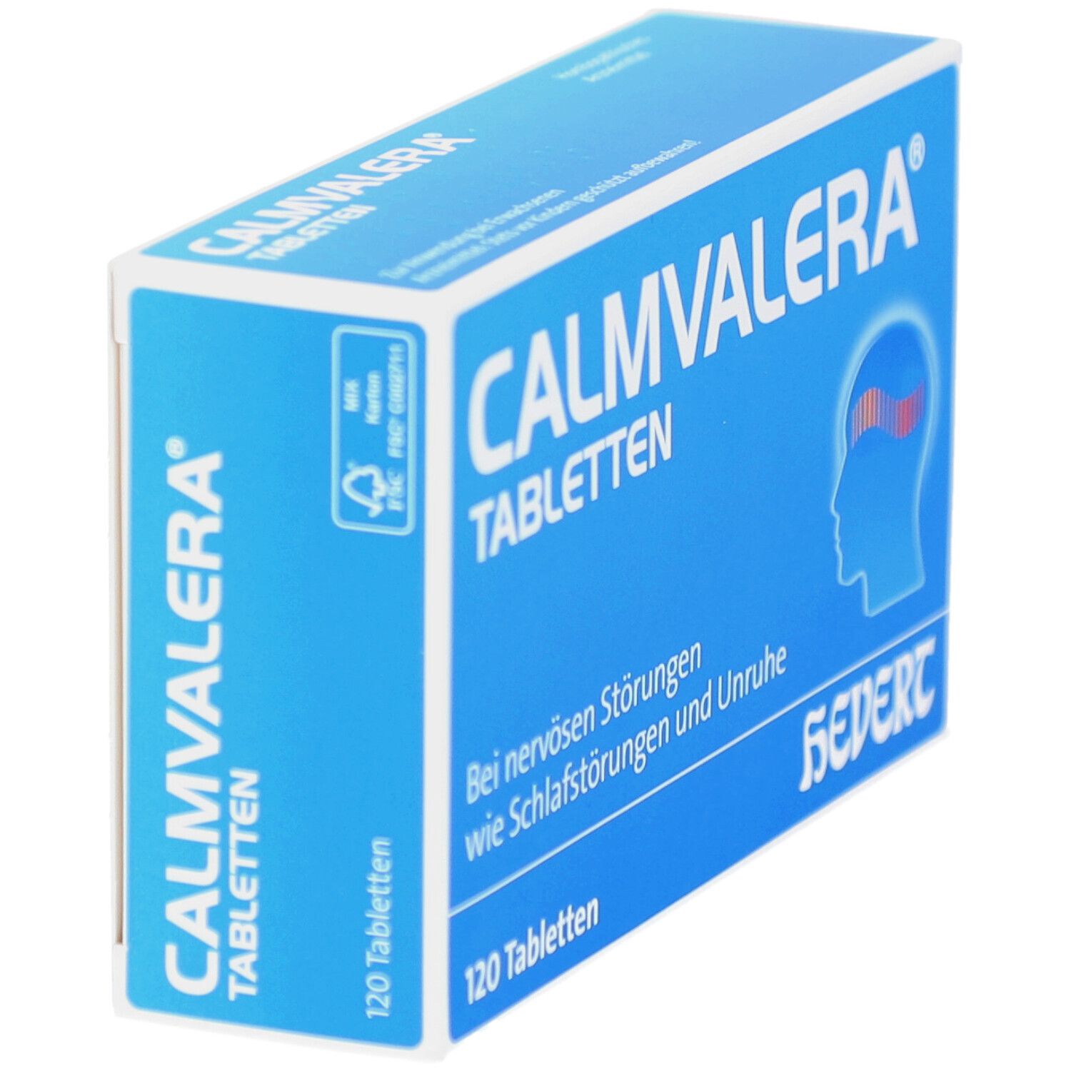 Schachtel CALMVALERA Tabletten, blau-weiß. Aufschrift: Bei nervösen Störungen, wie Schlafstörungen und Unruhe. 120 Tabletten.