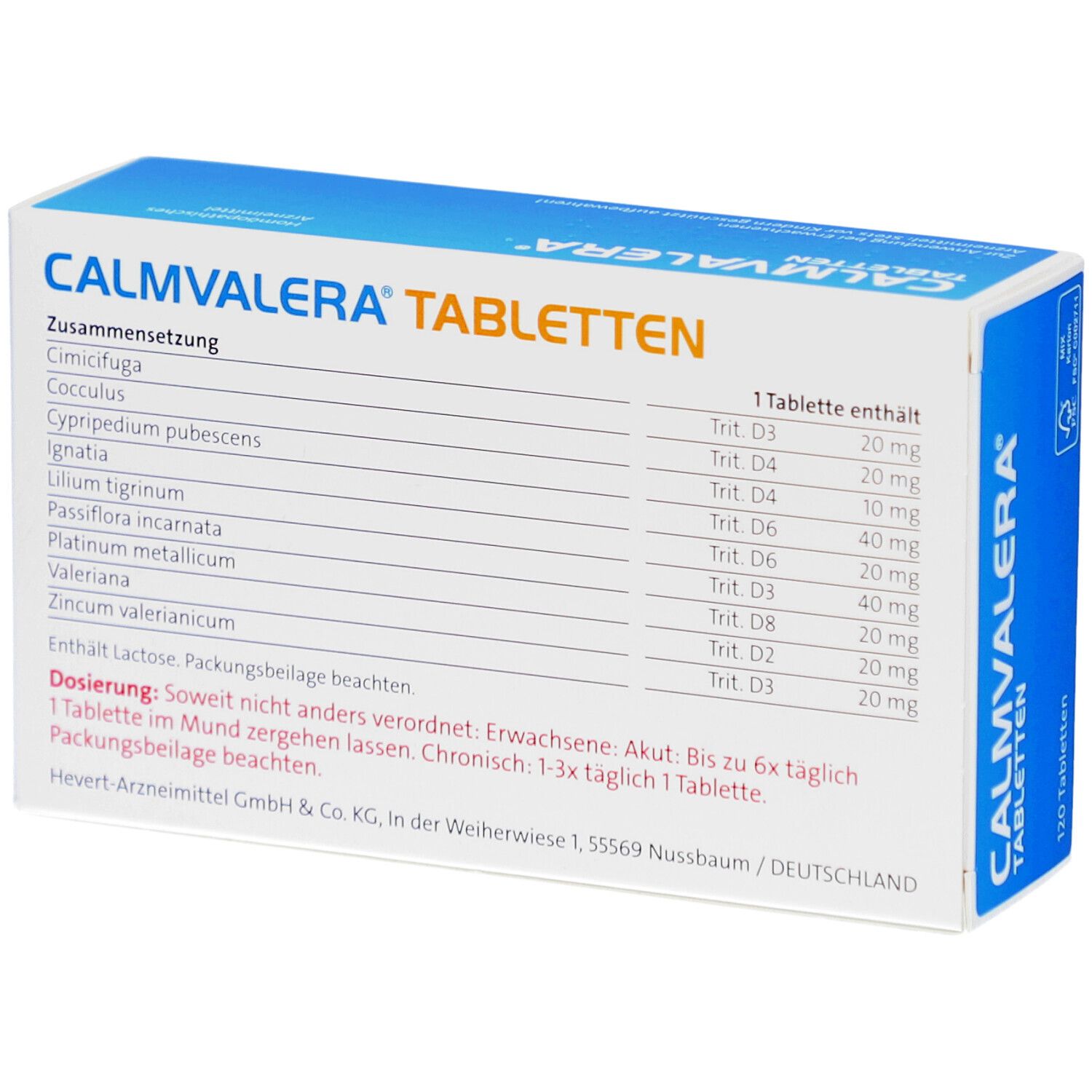 Rückseite der CALMVALERA Tabletten-Schachtel. Auflistung der Inhaltsstoffe und Dosierung. 120 Tabletten. Herstellerangaben.