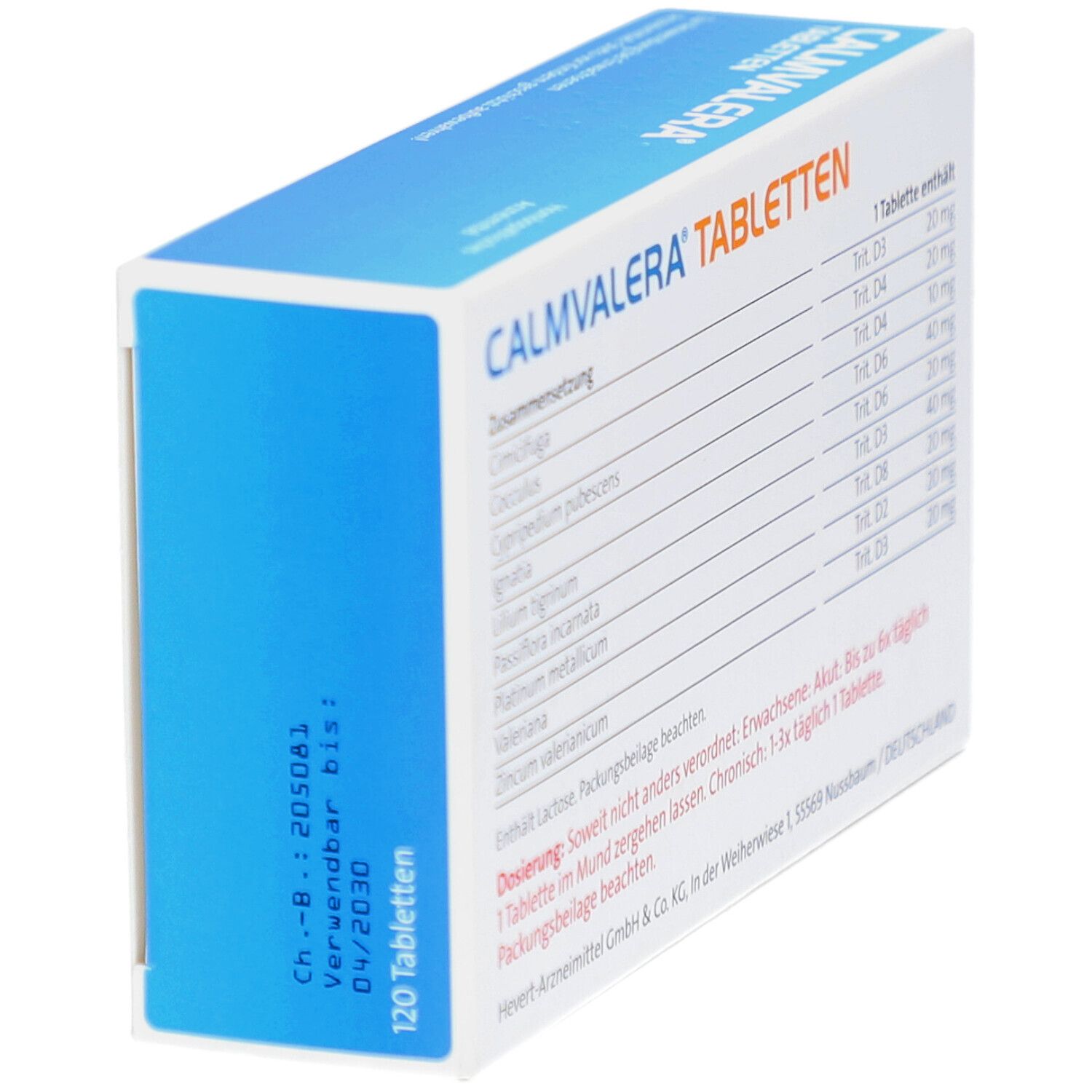Rückseite der CALMVALERA Tabletten-Schachtel. Auflistung der Inhaltsstoffe und Dosierung. 120 Tabletten. Verwendbar bis 04/2030.