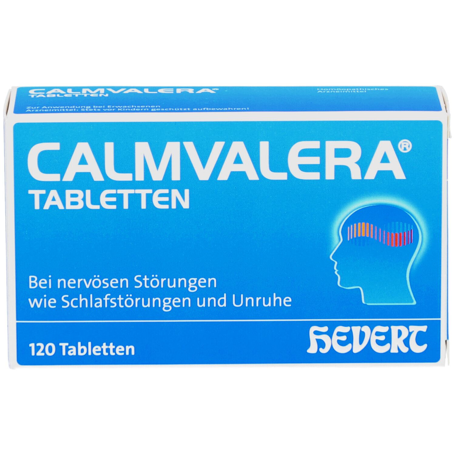 CALMVALERA Tabletten-Schachtel, blau-weiß. Aufschrift: Bei nervösen Störungen, wie Schlafstörungen und Unruhe. 120 Tabletten.