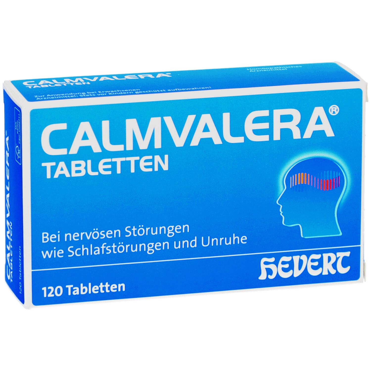 CALMVALERA Tabletten-Schachtel, blau-weiß. Aufschrift: Bei nervösen Störungen, wie Schlafstörungen und Unruhe. 120 Tabletten.