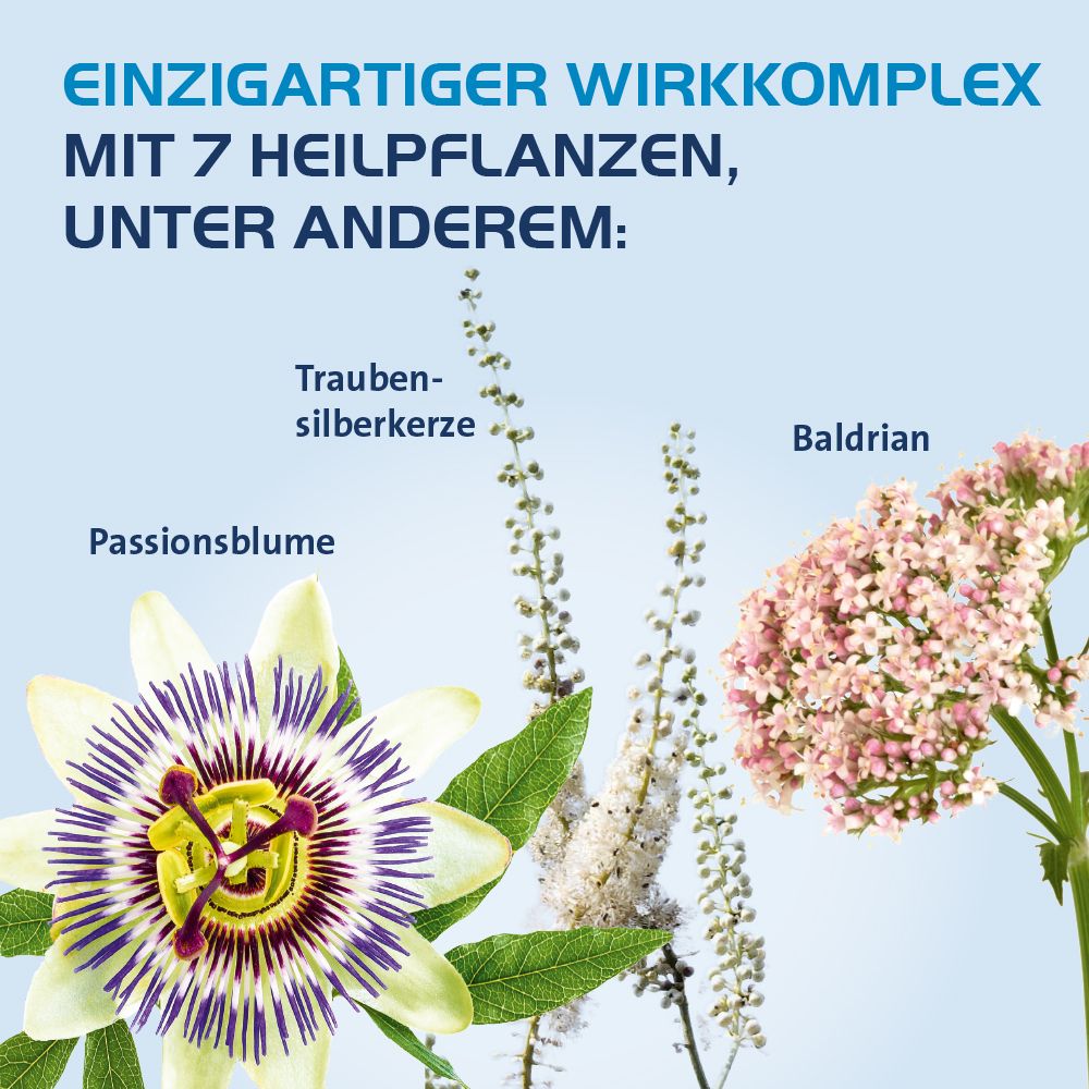 Pflanzenabbildungen: Passionsblume, Traubensilberkerze, Baldrian. Text: Einzigartiger Wirkkomplex mit 7 Heilpflanzen.