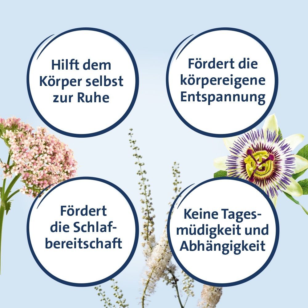 Hevert Calmvalera: Vier Kreise mit Aussagen zu Ruhe, Entspannung und Schlafförderung.