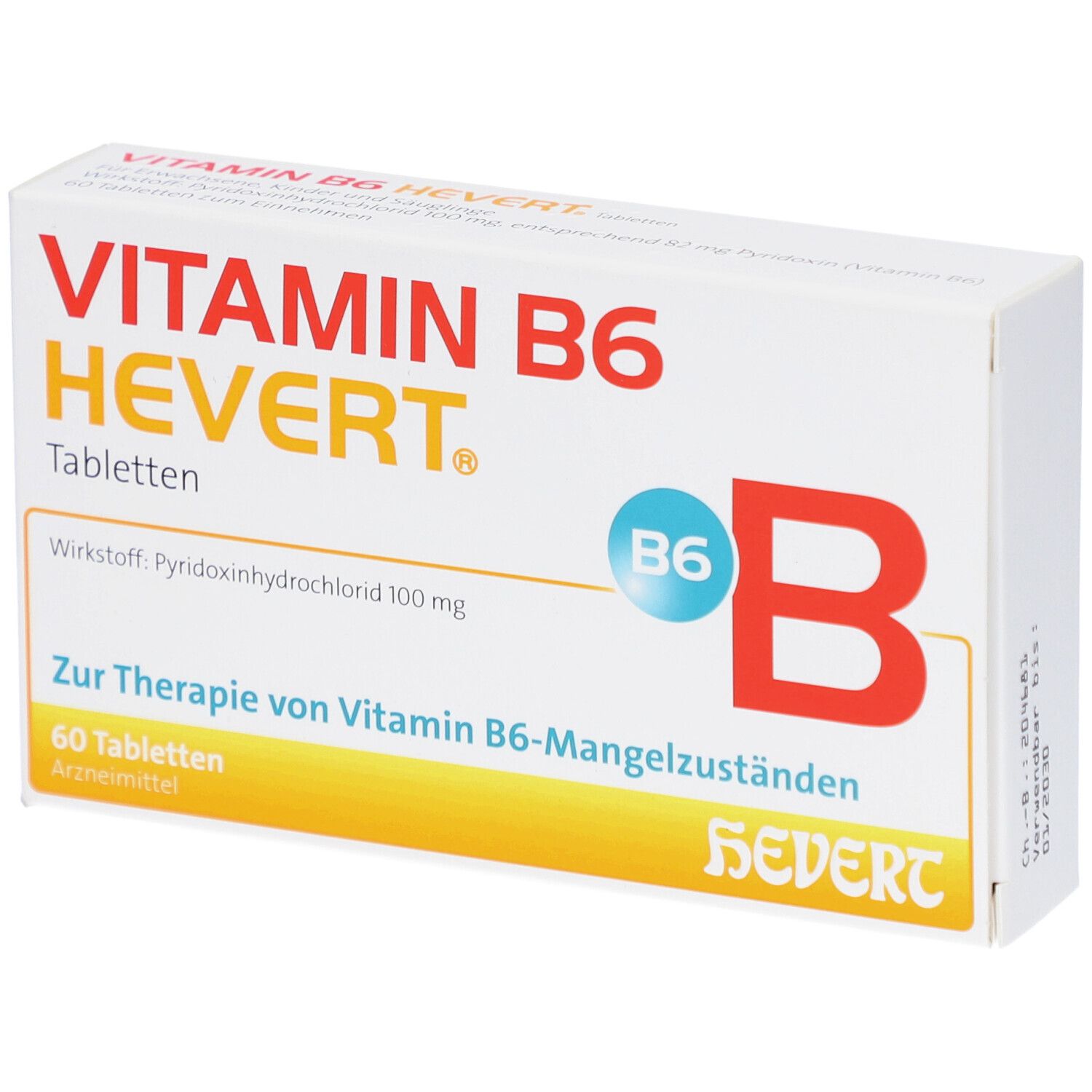 Schachtel mit "VITAMIN B6 HEVERT Tabletten". Aufschrift: "60 Tabletten". Logo "B6 B".