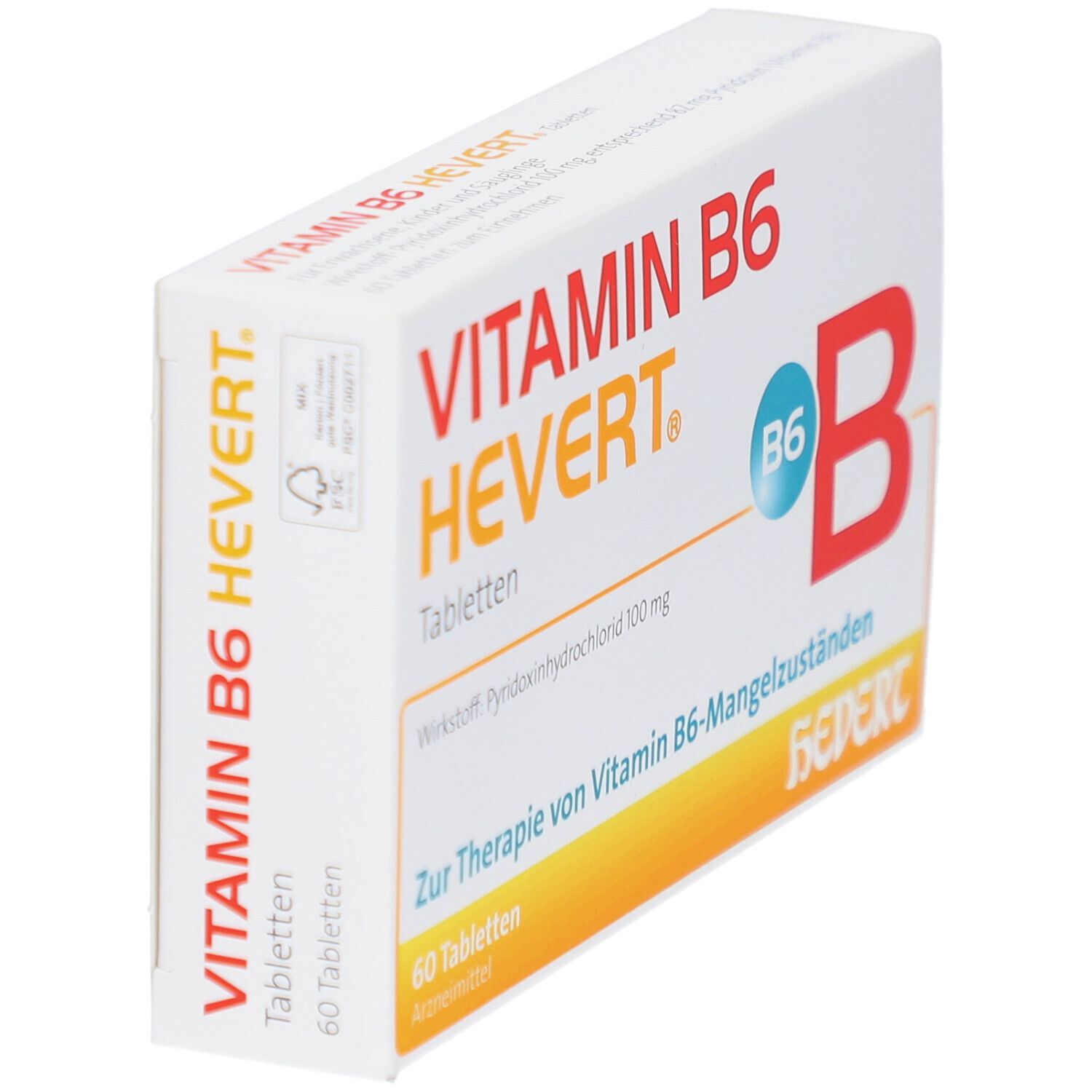 Schachtel "VITAMIN B6 HEVERT Tabletten" in Schrägansicht. Aufschrift: "60 Tabletten". Logo "B6 B".