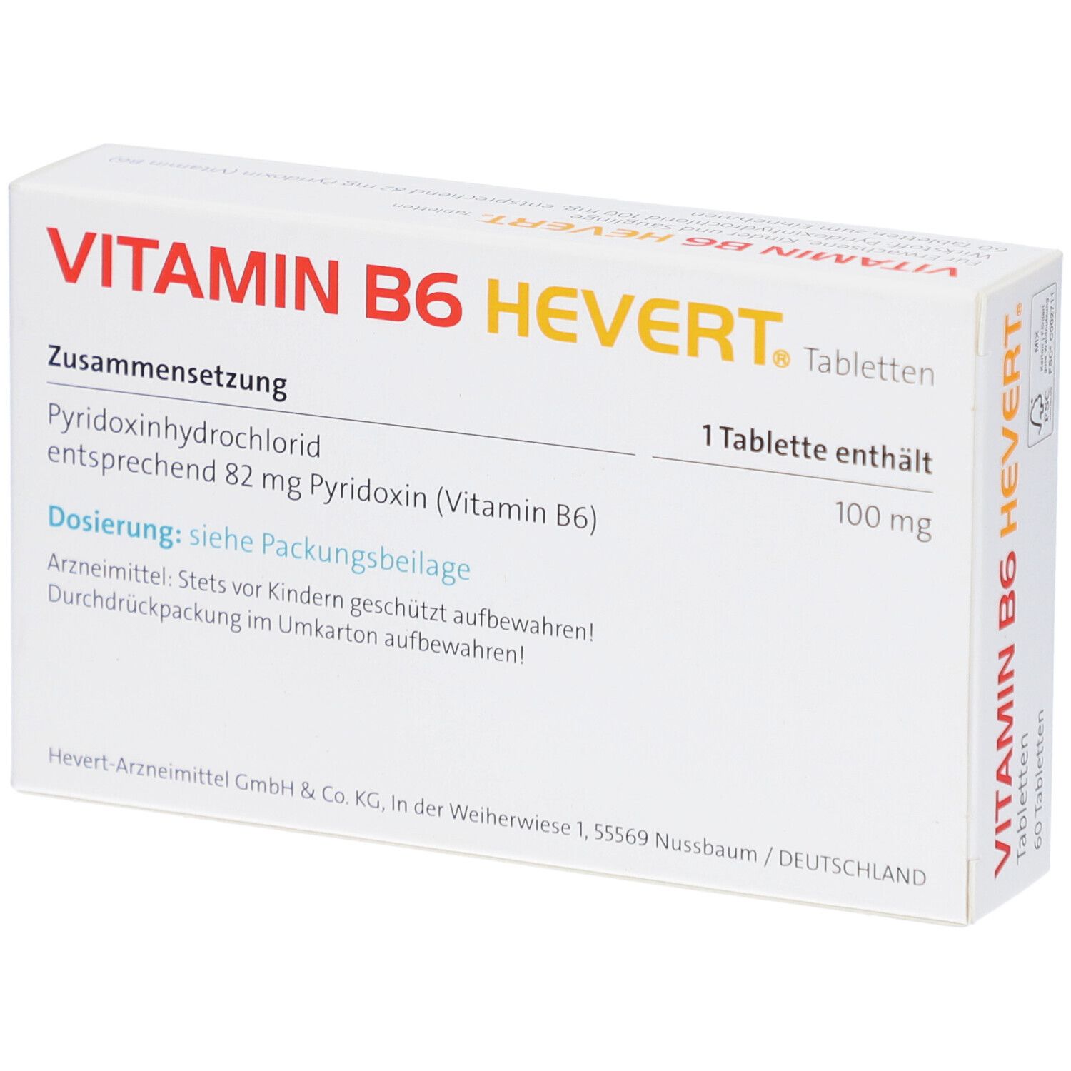 Rückseite der Schachtel "VITAMIN B6 HEVERT Tabletten". Text: Zusammensetzung, Dosierung, 1 Tablette enthält 100 mg.