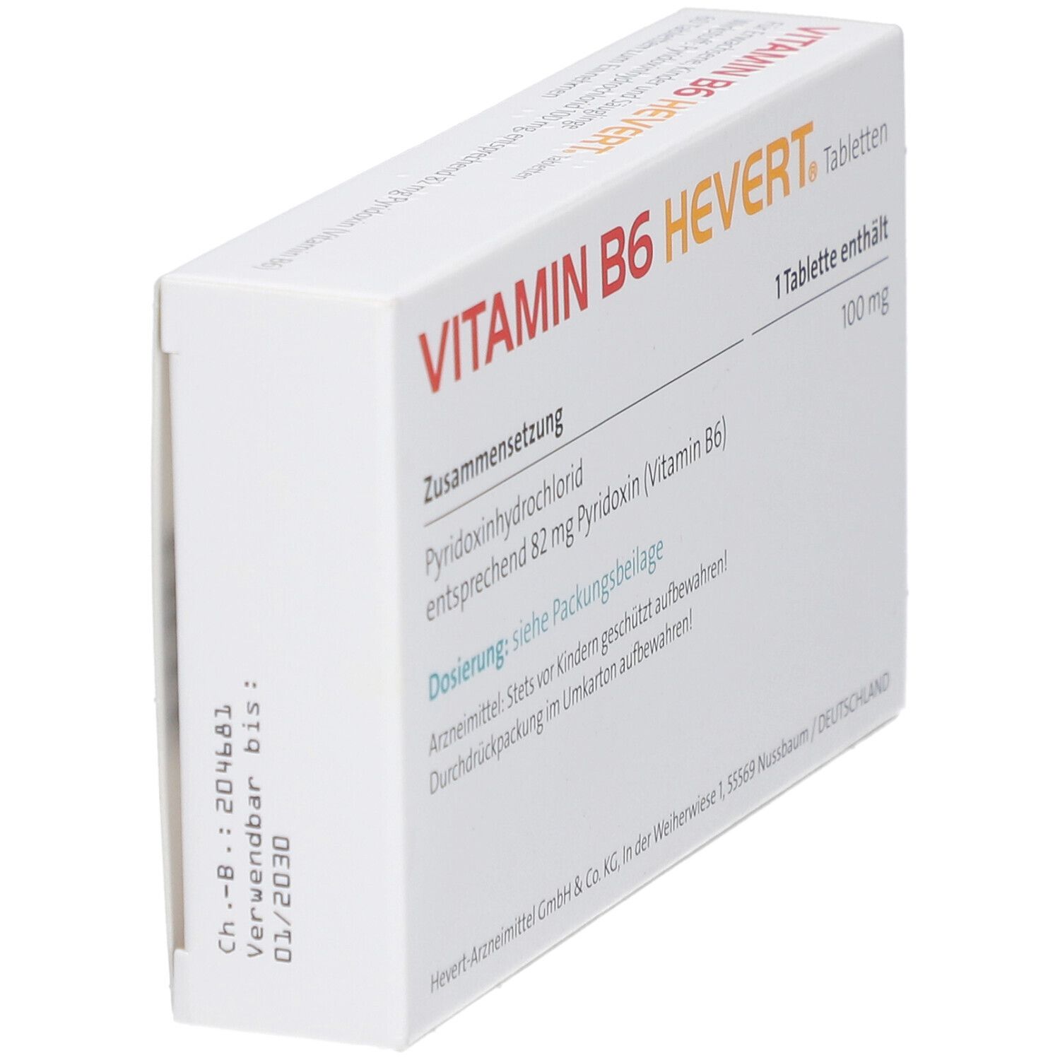 Rückseite der Schachtel "VITAMIN B6 HEVERT Tabletten". Text: Zusammensetzung, Dosierung, Verwendbar bis 01/2030.