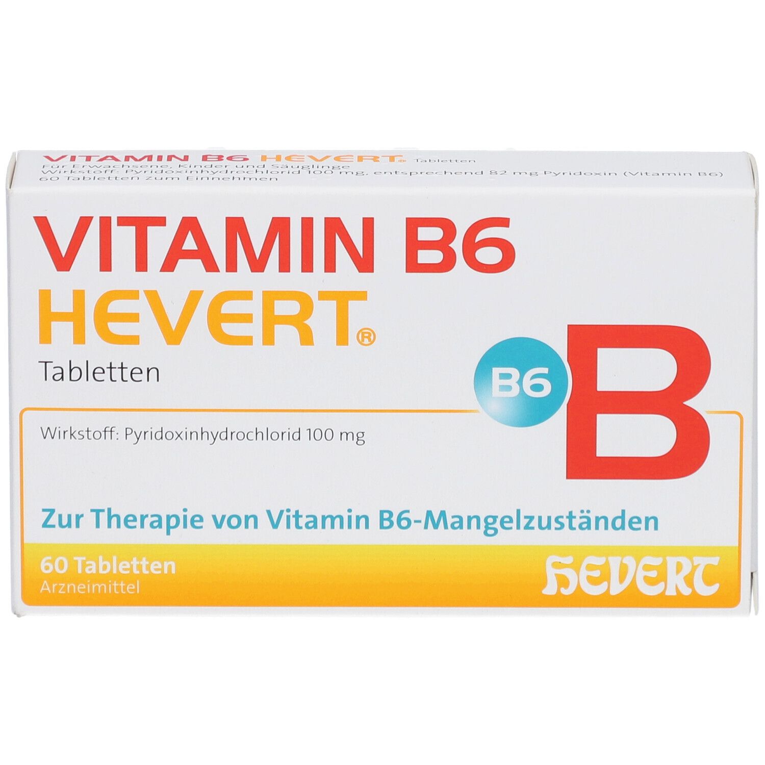 Schachtel "VITAMIN B6 HEVERT Tabletten". Aufschrift: "60 Tabletten". Logo "B6 B". Text: Wirkstoff Pyridoxinhydrochlorid 100 mg.