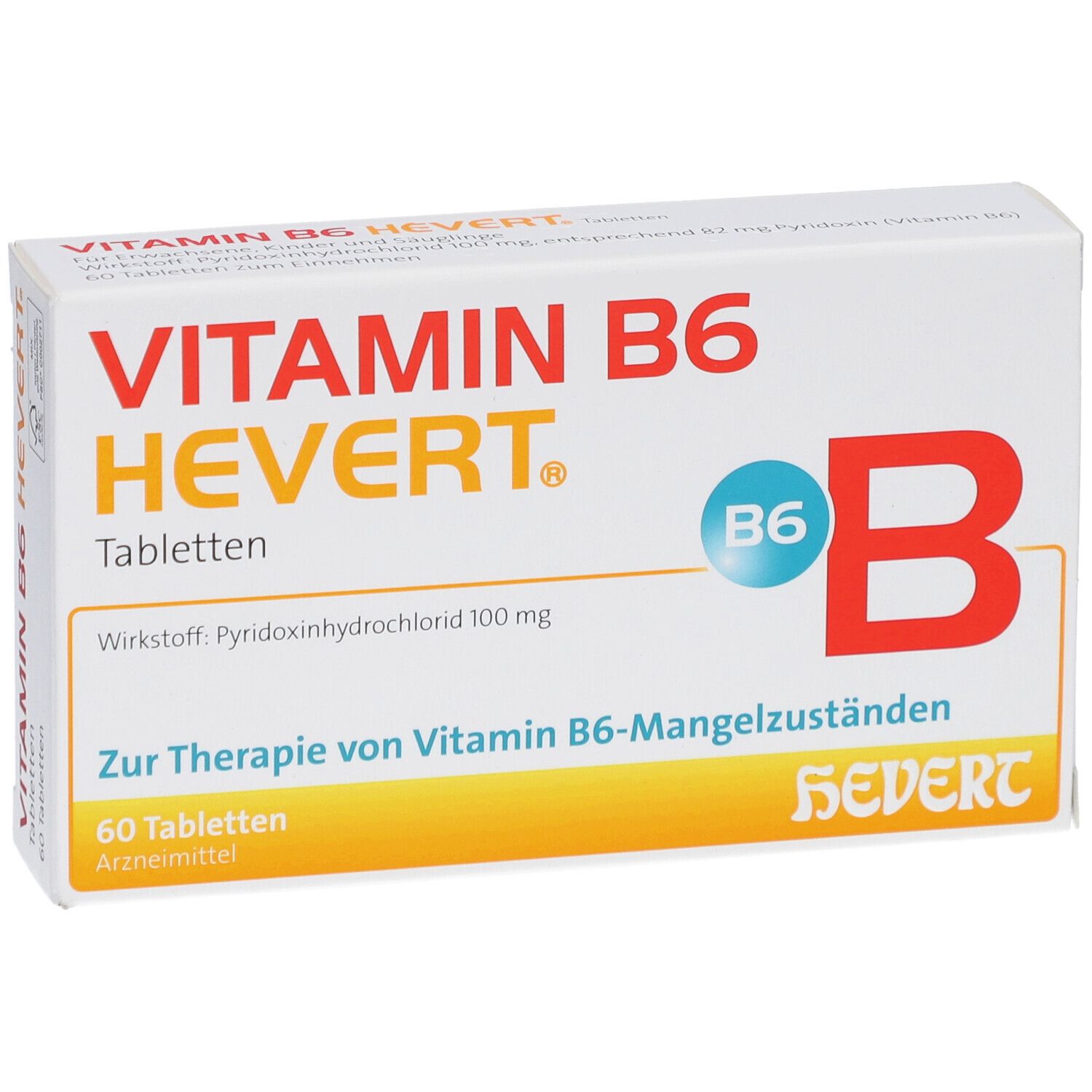 Schachtel "VITAMIN B6 HEVERT Tabletten". Aufschrift: "60 Tabletten". Logo "B6 B".