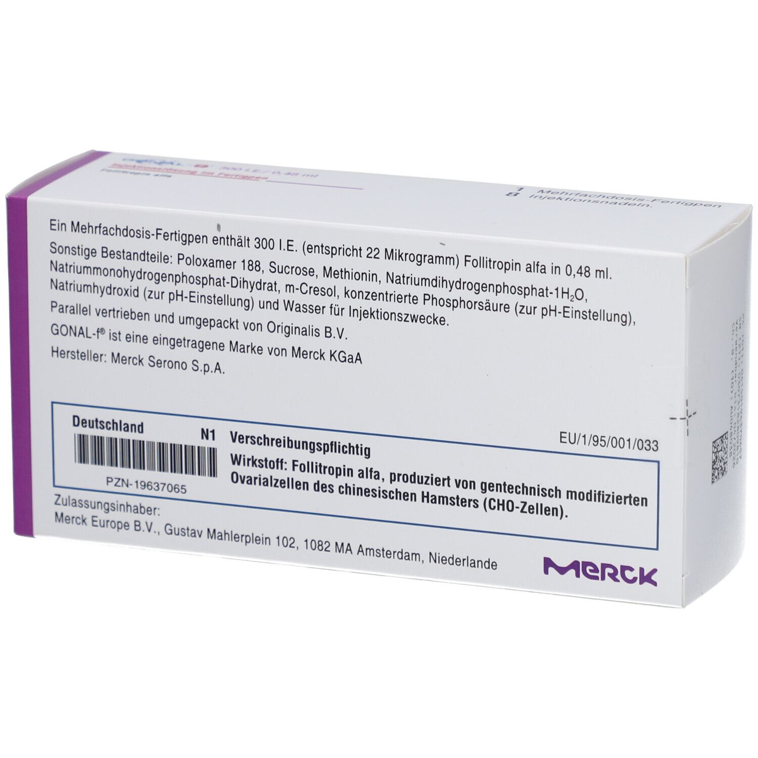 Rückseite der Verpackung von GONAL-f. Enthält Informationen zu Inhaltsstoffen, Hersteller und Zulassung. Merck Logo.