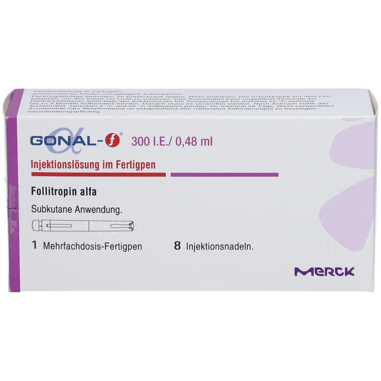 Verpackung von GONAL-f 300 I.E./0,48 ml Fertigpen. Enthält 1 Mehrfachdosis-Fertigpen und 8 Injektionsnadeln. Merck Logo.