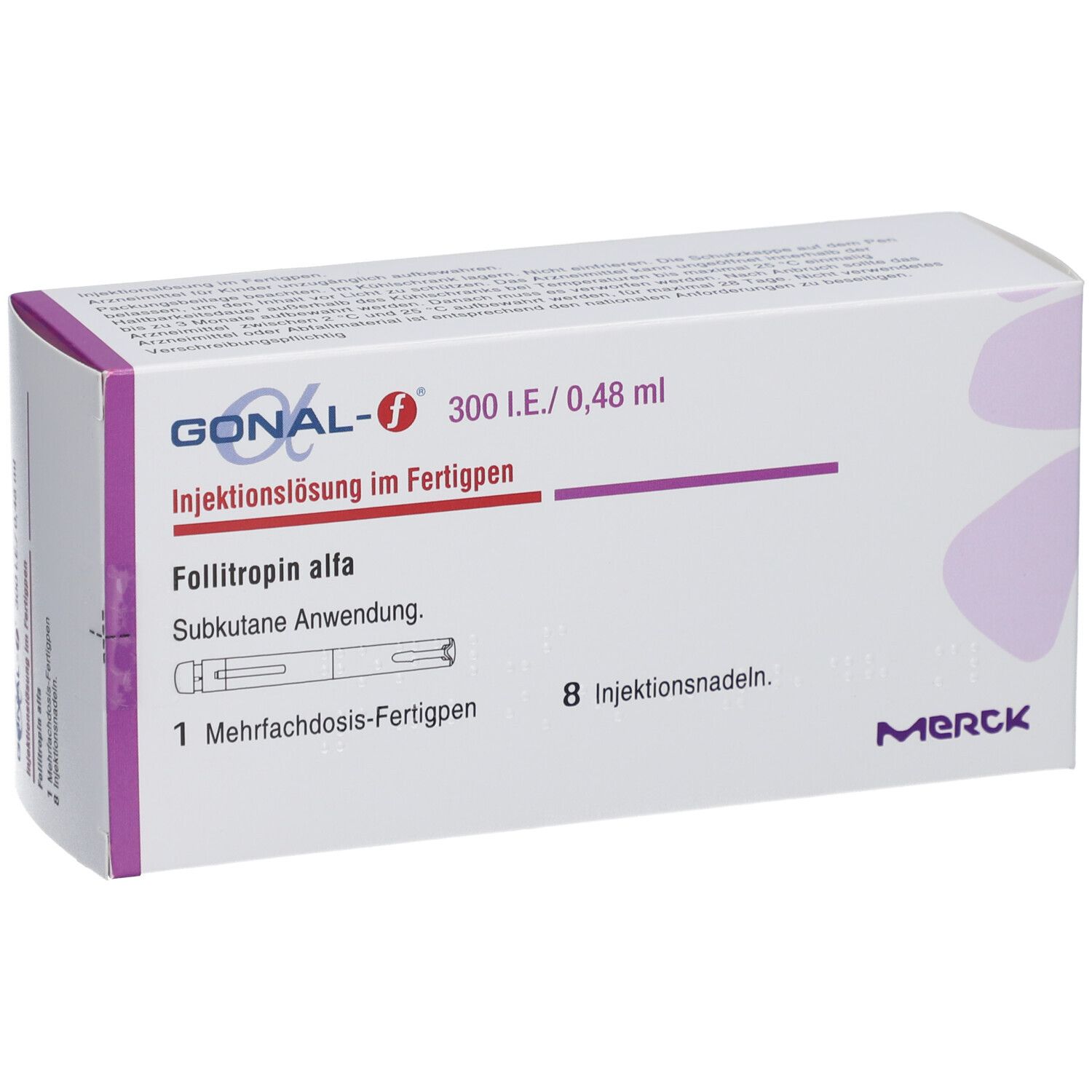 Verpackung von GONAL-f 300 I.E./0,48 ml Fertigpen. Enthält 1 Mehrfachdosis-Fertigpen und 8 Injektionsnadeln. Merck Logo.