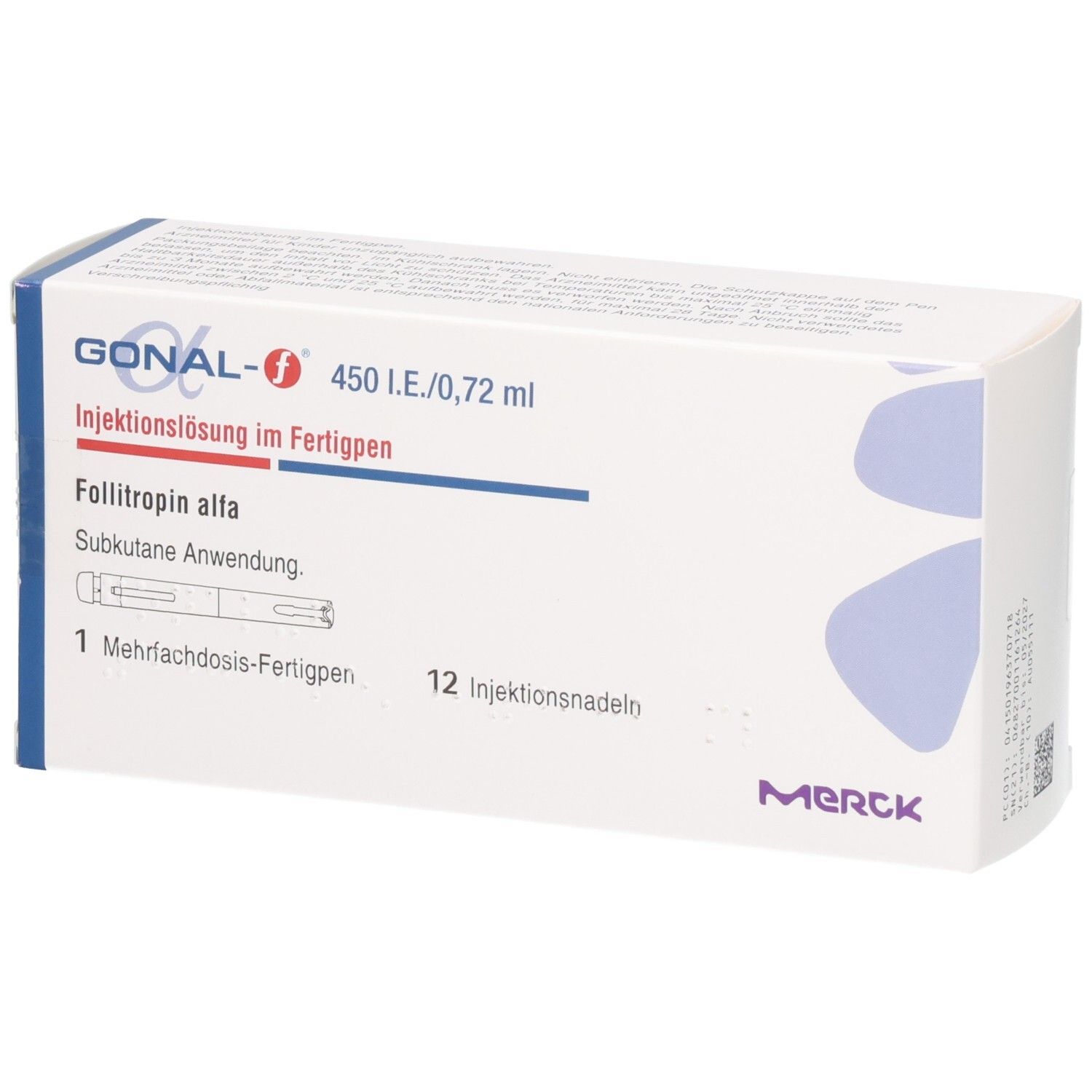 GONAL-f Fertigpen-Packung mit 1 Mehrfachdosis-Fertigpen und 12 Injektionsnadeln. Enthält Follitropin alfa.
