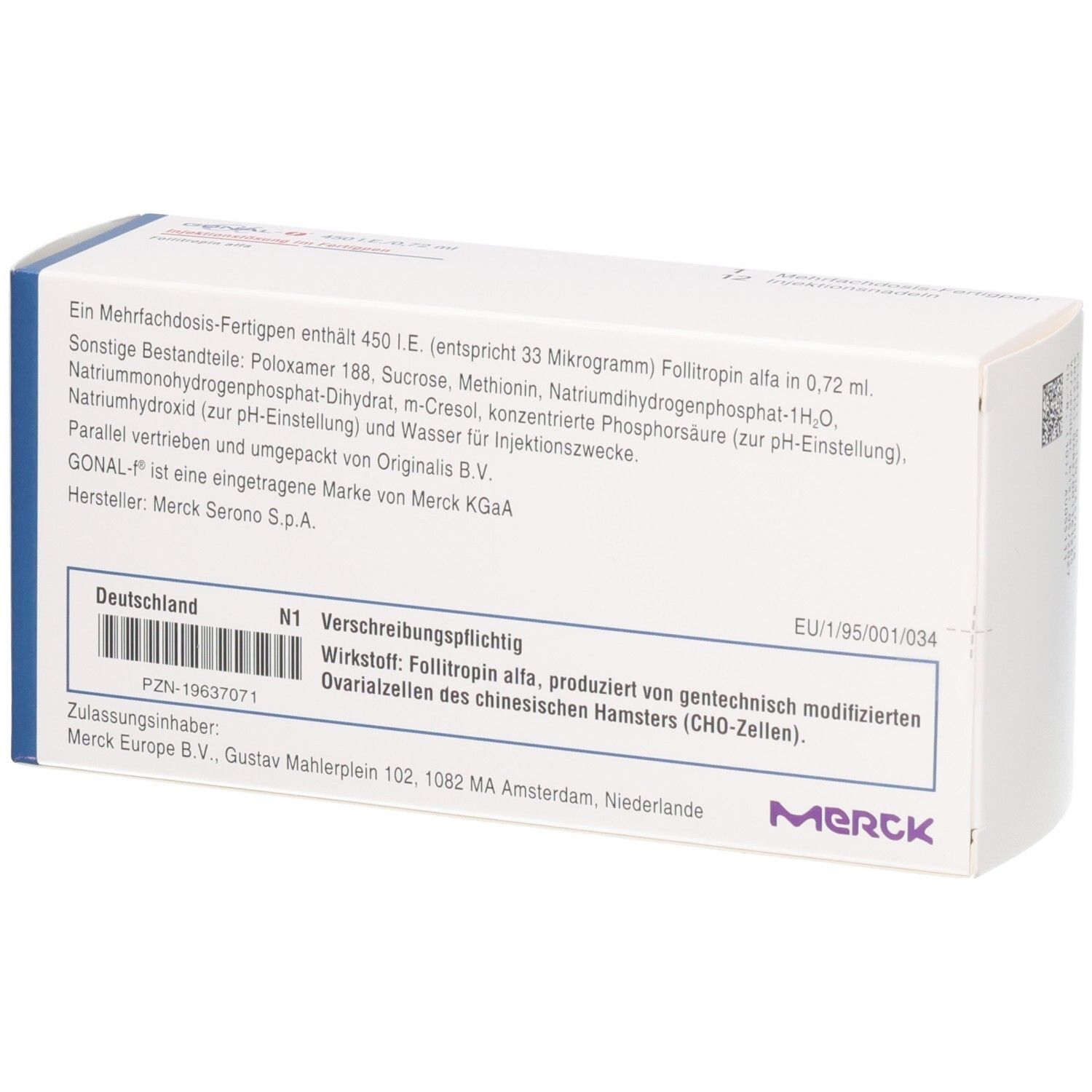 Rückseite der GONAL-f Fertigpen-Packung mit detaillierten Produktinformationen und Herstellerangaben.