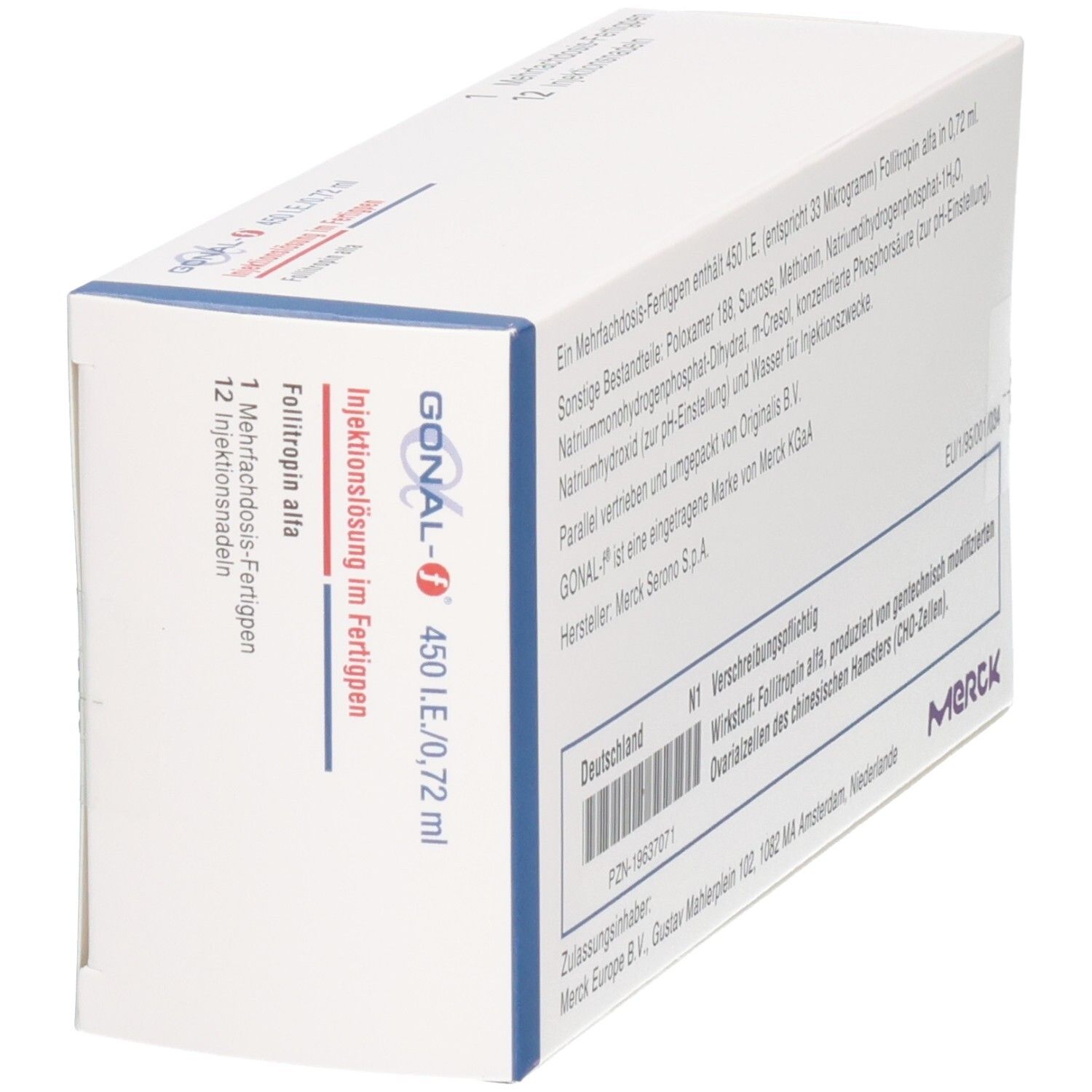 GONAL-f Fertigpen-Packung, schräge Ansicht. Enthält Follitropin alfa Injektionslösung.