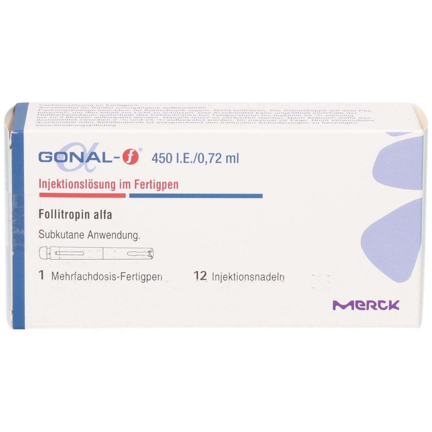 Vorderseite der GONAL-f Fertigpen-Packung. Zeigt 450 I.E. Follitropin alfa in einer Fertigspritze.
