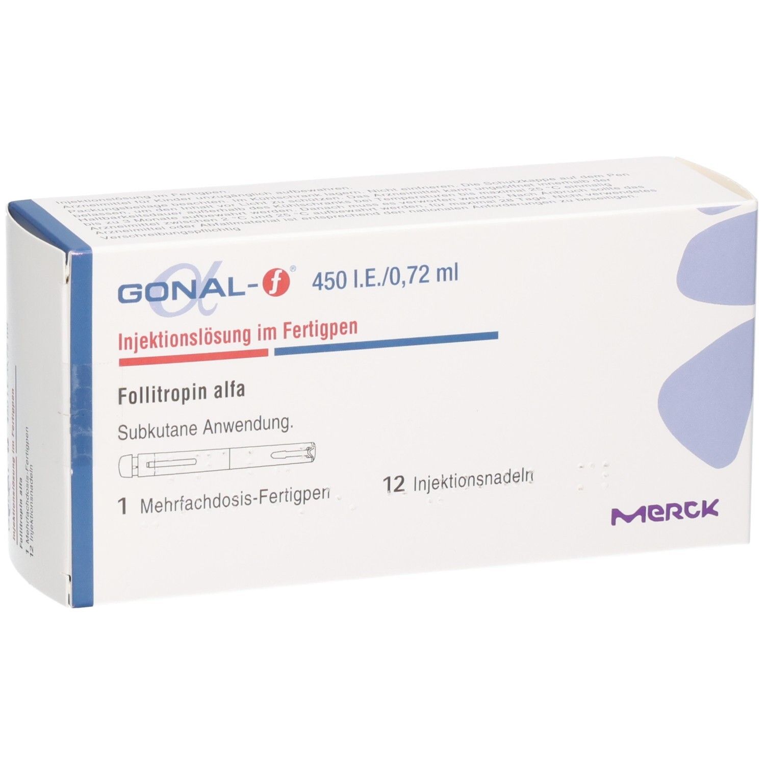 GONAL-f Fertigpen-Packung, Vorderansicht. Enthält 1 Mehrfachdosis-Fertigpen und 12 Nadeln.