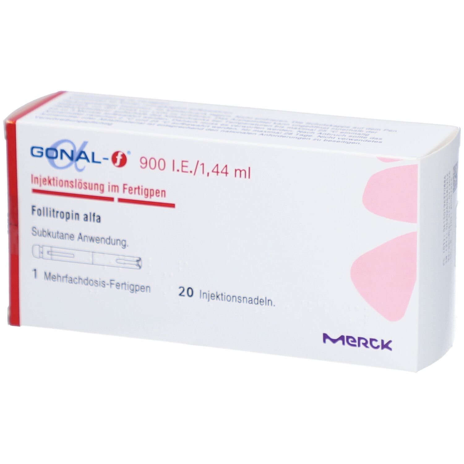 Weiße Schachtel mit roter und blauer Schrift. Enthält GONAL-f 900 I.E./1,44 ml. 20 Injektionsnadeln. Merck Logo.