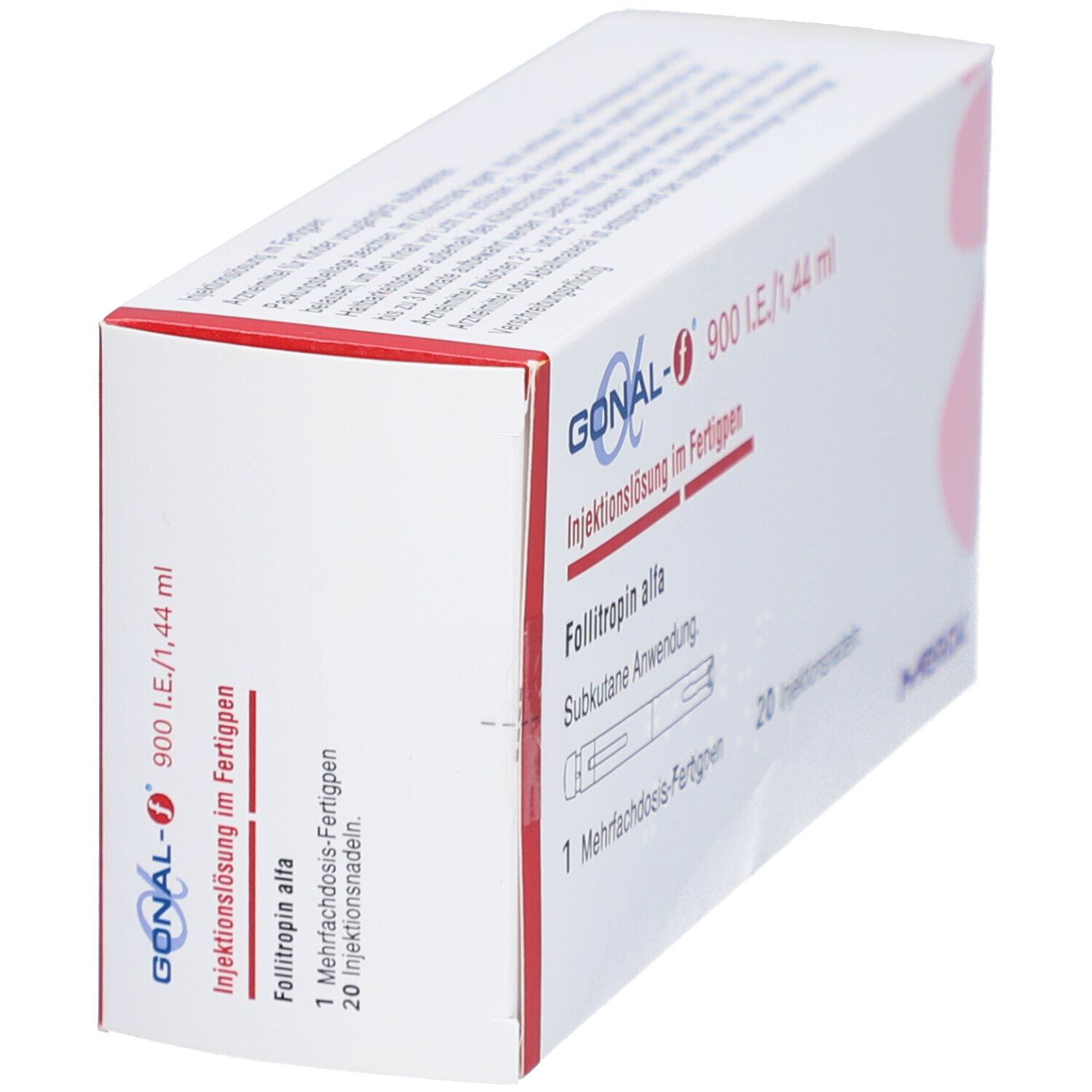 Schachtel mit GONAL-f 900 I.E./1,44 ml. Rote und blaue Schrift. Merck Logo. Enthält 20 Injektionsnadeln.