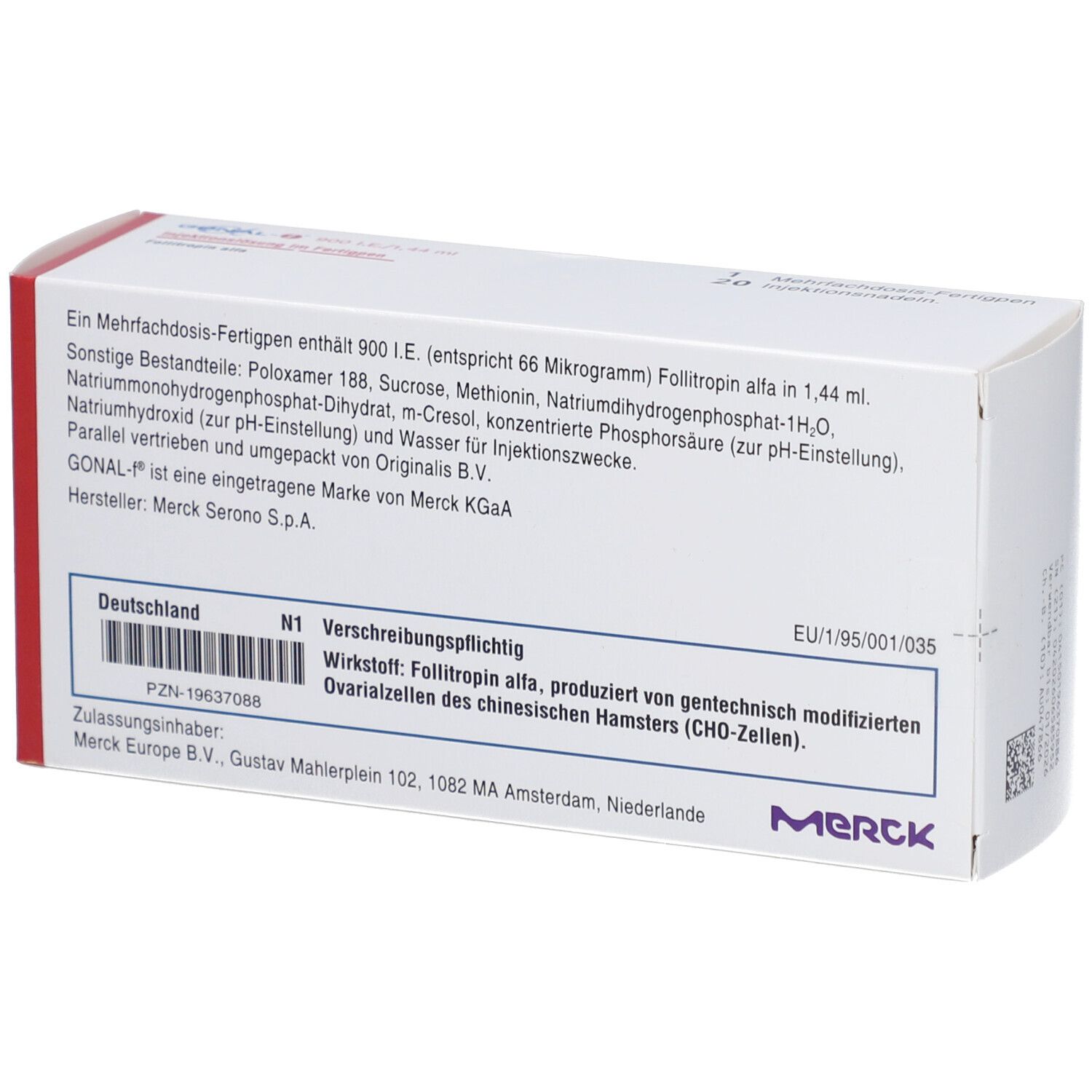 Rückseite der Schachtel mit Text. Enthält Informationen zu GONAL-f, Inhaltsstoffen, Hersteller und Zulassung.