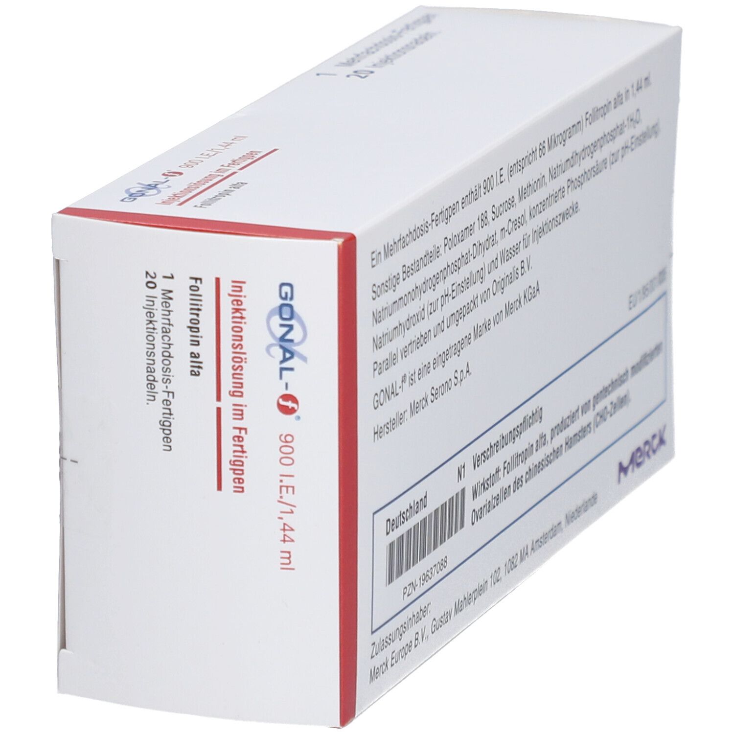 Schachtel mit GONAL-f 900 I.E./1,44 ml. Rote und blaue Schrift. Merck Logo. Enthält 20 Injektionsnadeln.