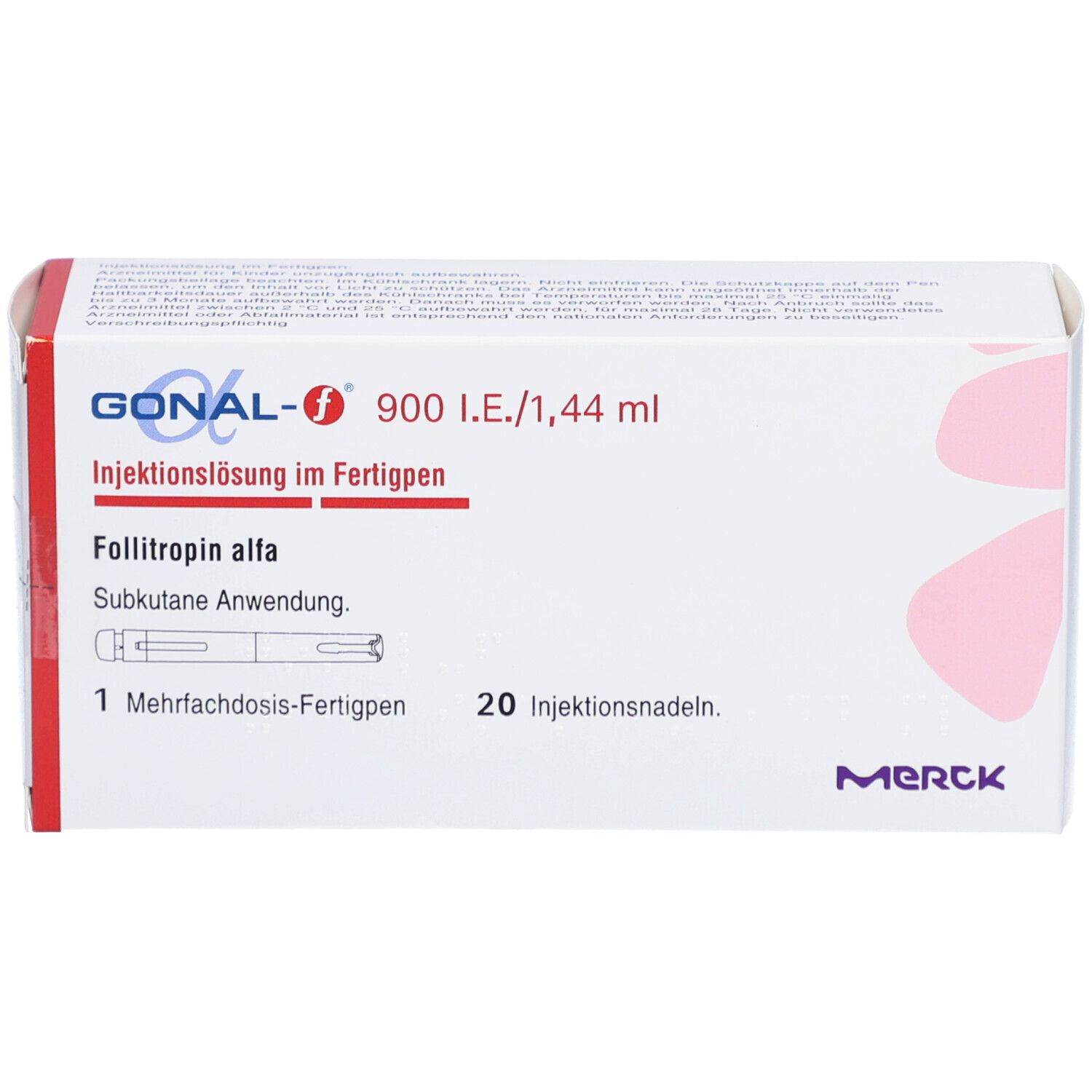 Weiße Schachtel mit roter und blauer Schrift. Enthält GONAL-f 900 I.E./1,44 ml. 20 Injektionsnadeln. Merck Logo.