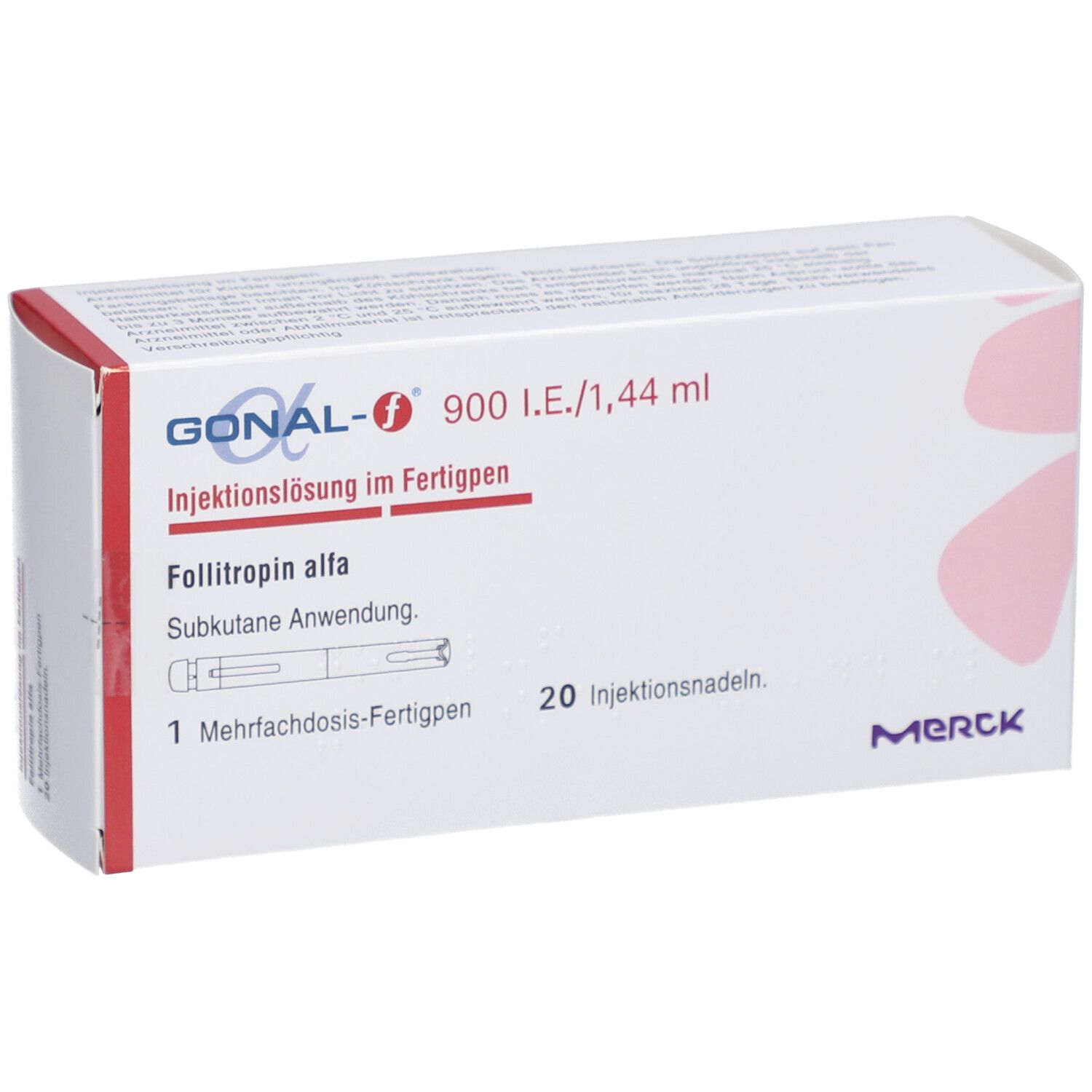 Weiße Schachtel mit roter und blauer Schrift. Enthält GONAL-f 900 I.E./1,44 ml. 20 Injektionsnadeln. Merck Logo.