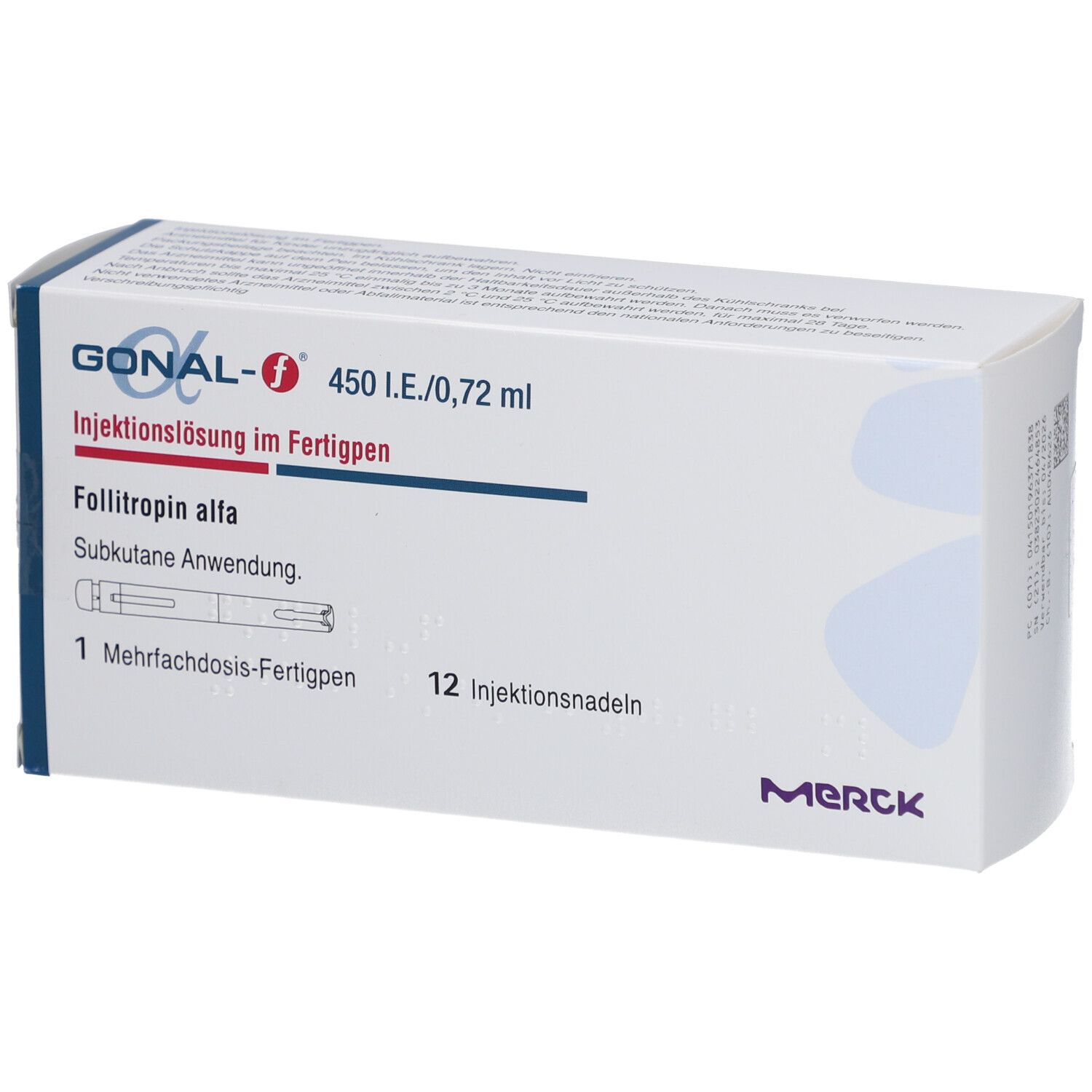 Verpackung von GONAL-f 450 I.E./0,72 ml. Enthält 12 Injektionsnadeln. Merck Logo.