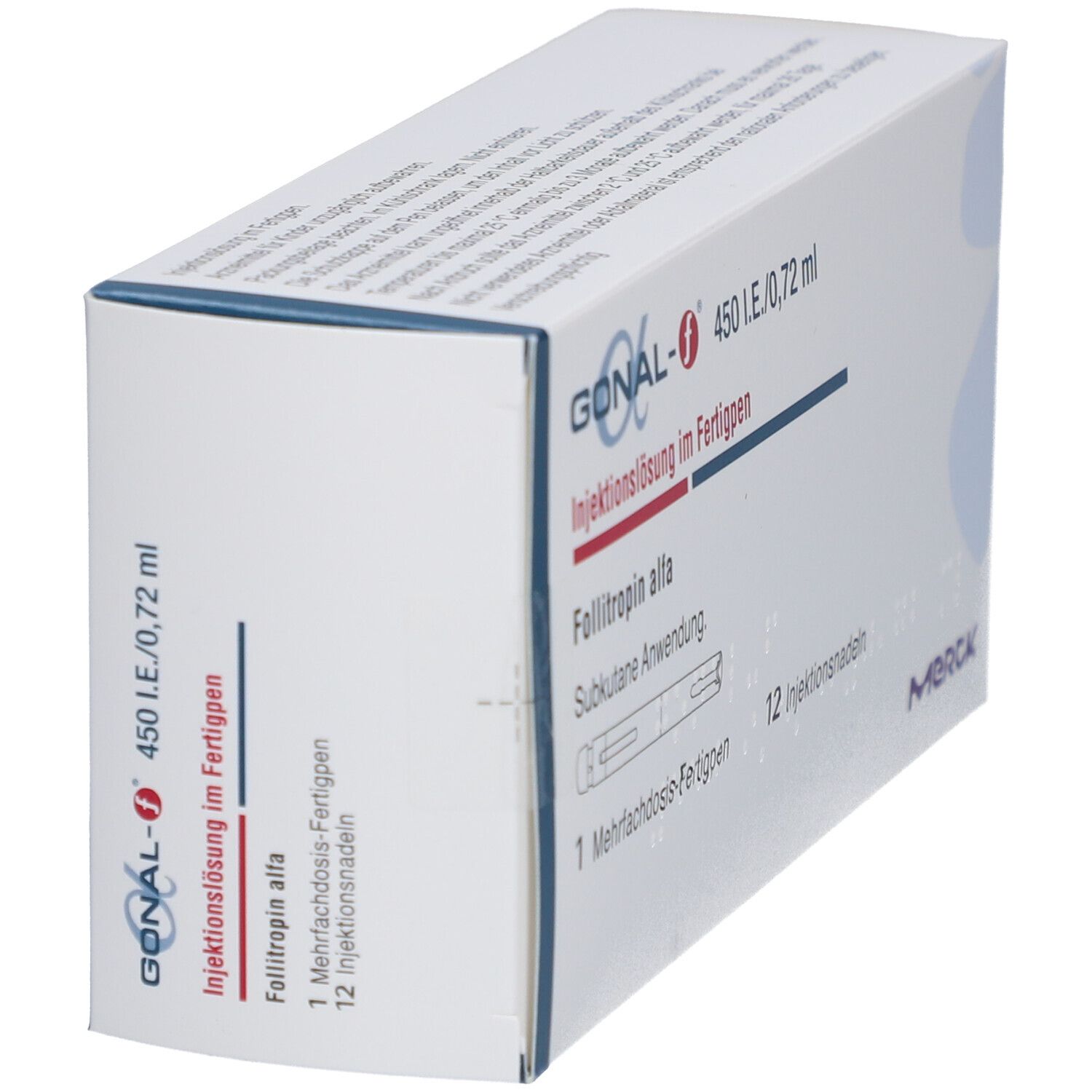 Schrägansicht der GONAL-f 450 I.E./0,72 ml Verpackung. Merck Logo. Enthält 12 Injektionsnadeln.