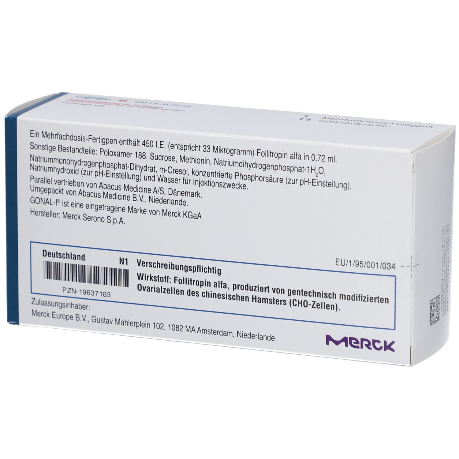 Rückseite der GONAL-f 450 I.E./0,72 ml Verpackung. Enthält Informationen und Merck Logo.
